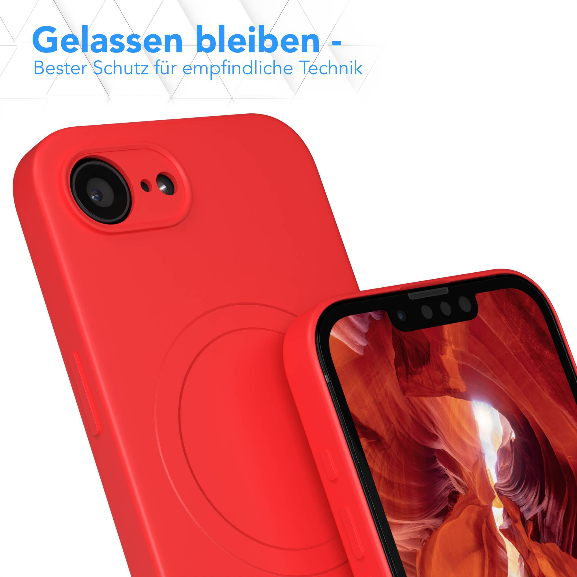 Rote Handyhülle neben einem Telefon, beide zeigen die gleiche rote Farbe. Text in Blau: 'Gelassen bleiben - Bester Schutz...'