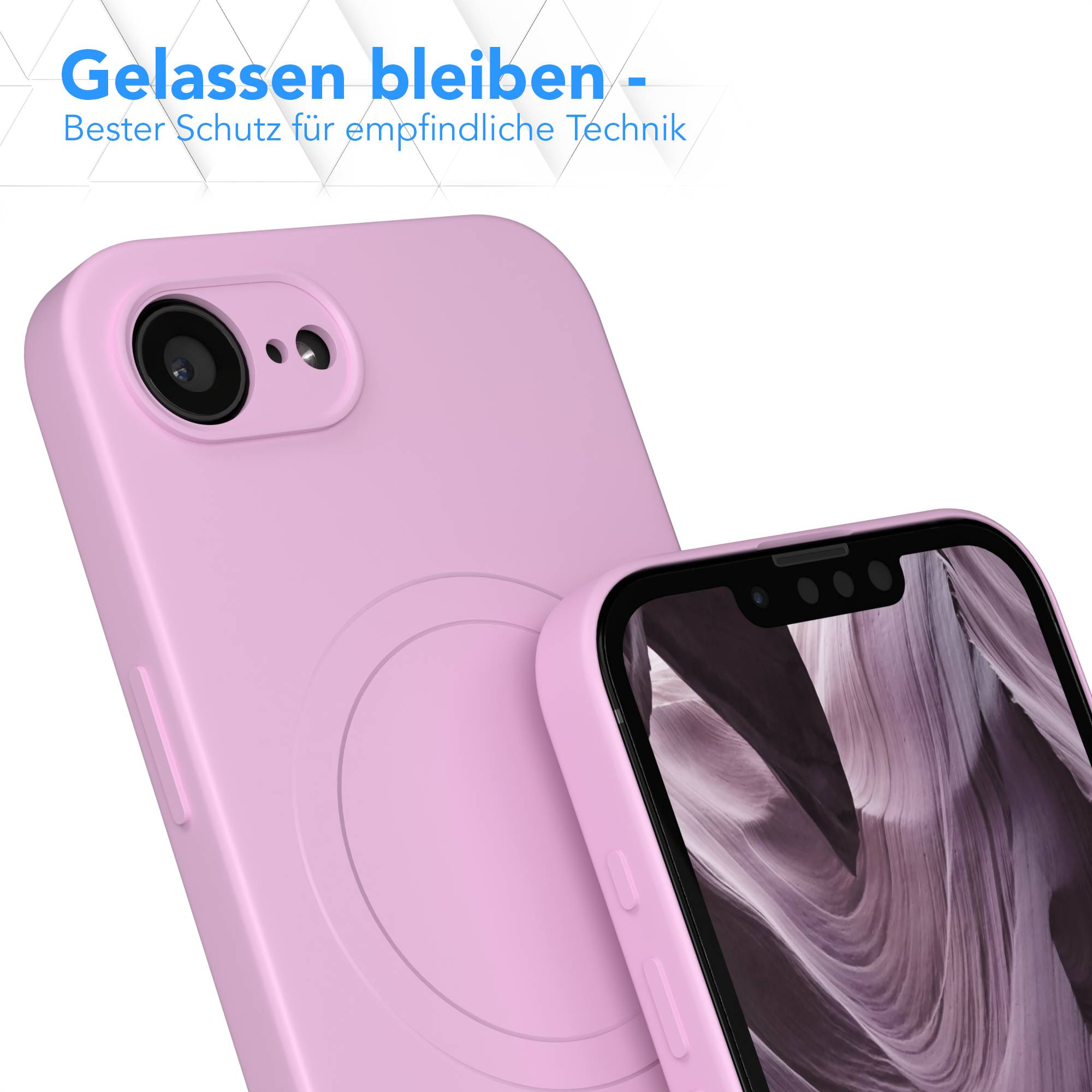 Rosa Handyhülle mit einem Handy darin. Text: Gelassen bleiben - Bester Schutz für empfindliche Technik.