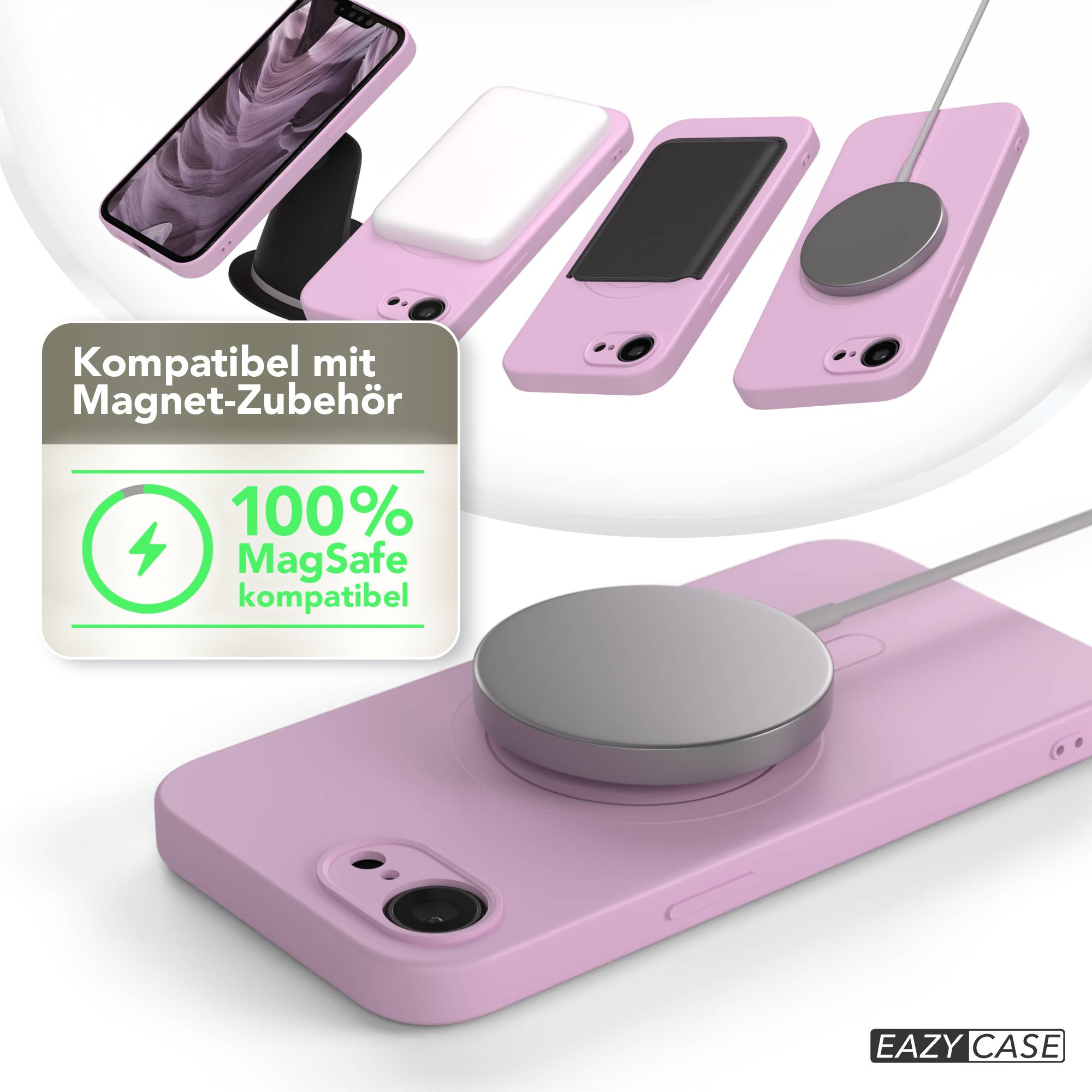 Das Bild zeigt rosa Handyhüllen mit MagSafe-Zubehör. Text sagt 100% MagSafe-kompatibel. Verschiedene Telefone und Zubehör werden angezeigt.