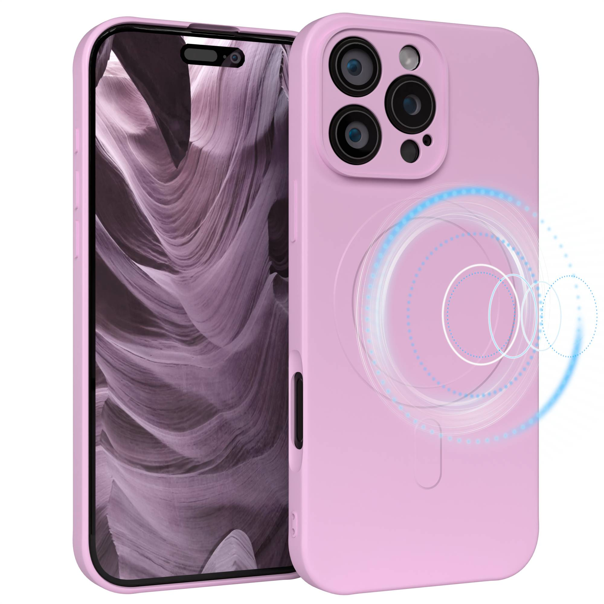 Eine rosa Handyhülle mit einem Telefon darin. Die Hülle hat Kameraausschnitte und ein magnetisches Design. Der Telefonbildschirm zeigt ein Wellenmuster.