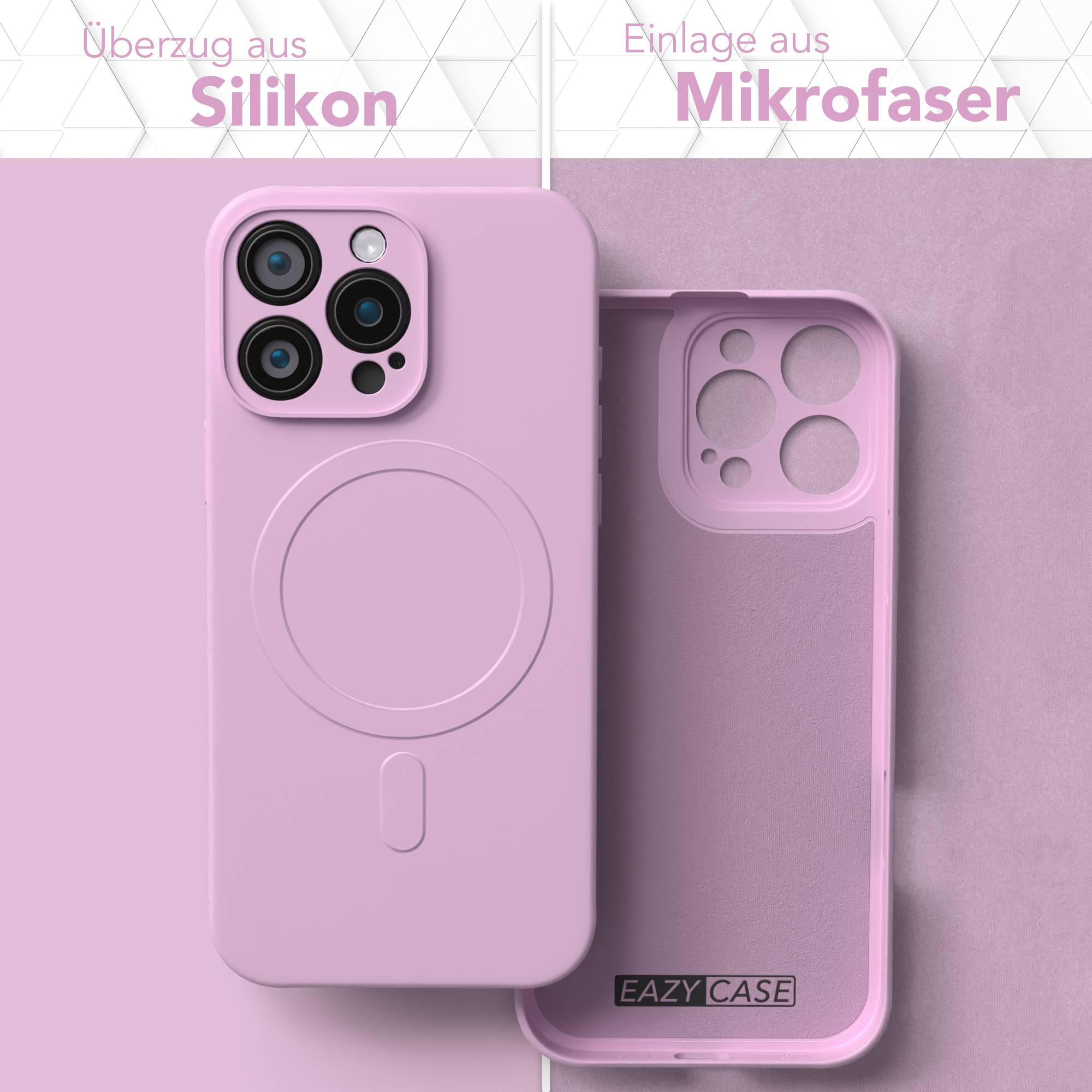 Eine pinkfarbene Handyhülle, geöffnet, zeigt Silikon außen und Mikrofaser innen. Texte sagen 'Silikon' und 'Mikrofaser'.
