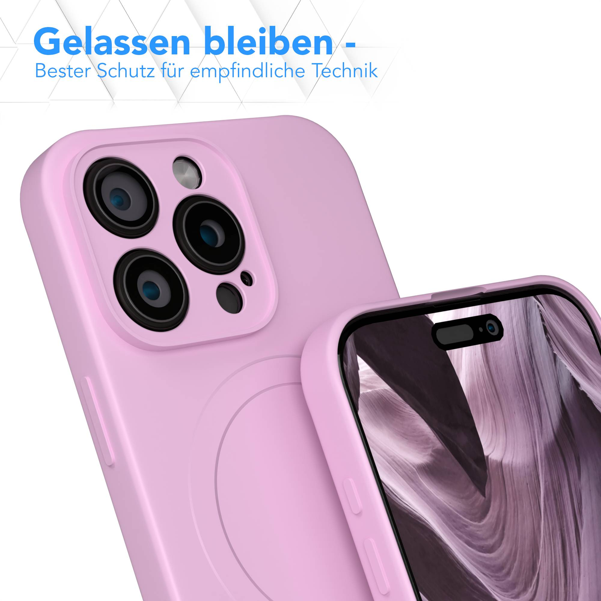 Ein rosafarbenes Handy-Case mit Kameraausschnitten wird gezeigt. Der Bildschirm des Telefons ist sichtbar. Der Text oben lautet: 'Gelassen bleiben'.