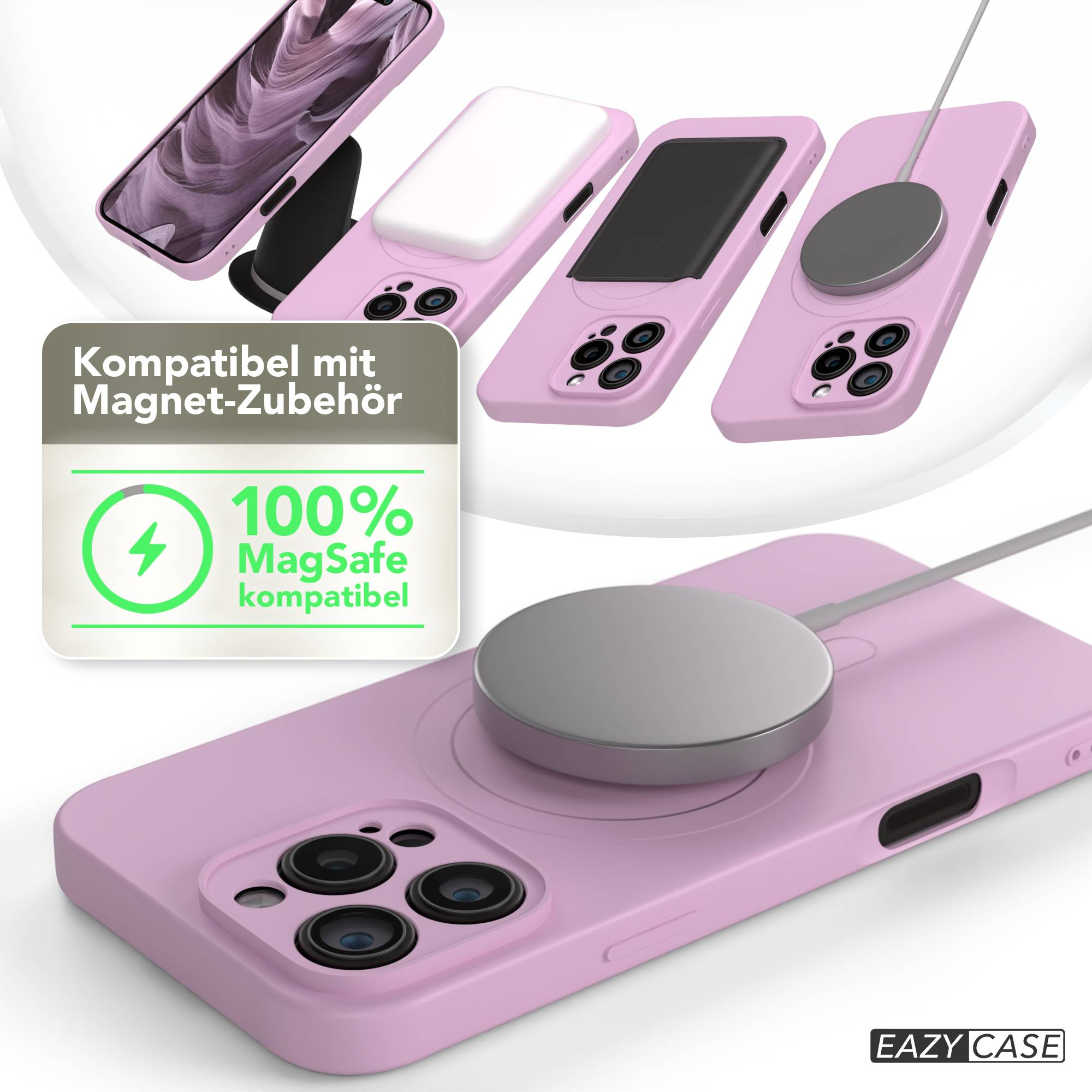 Rosa Handyhülle mit MagSafe-Ladegerät. Enthält Telefon und Ladegerät. Text: 100 % MagSafe-kompatibel.