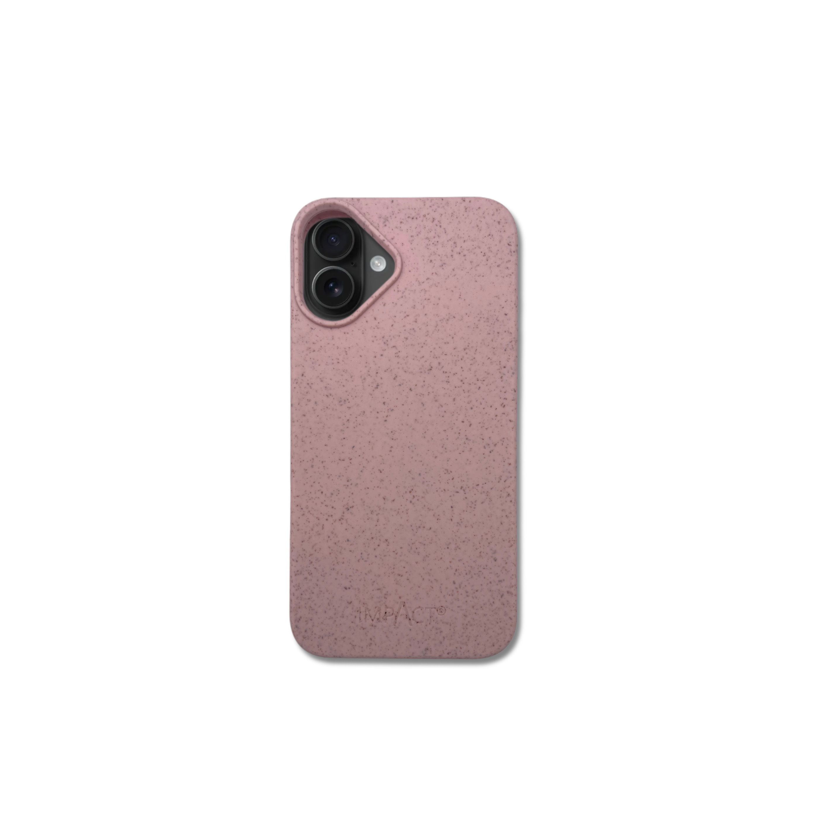 Una custodia per telefono rosa con una texture a macchie nere. Ha due obiettivi della fotocamera e una piccola luce. Lo sfondo è bianco.