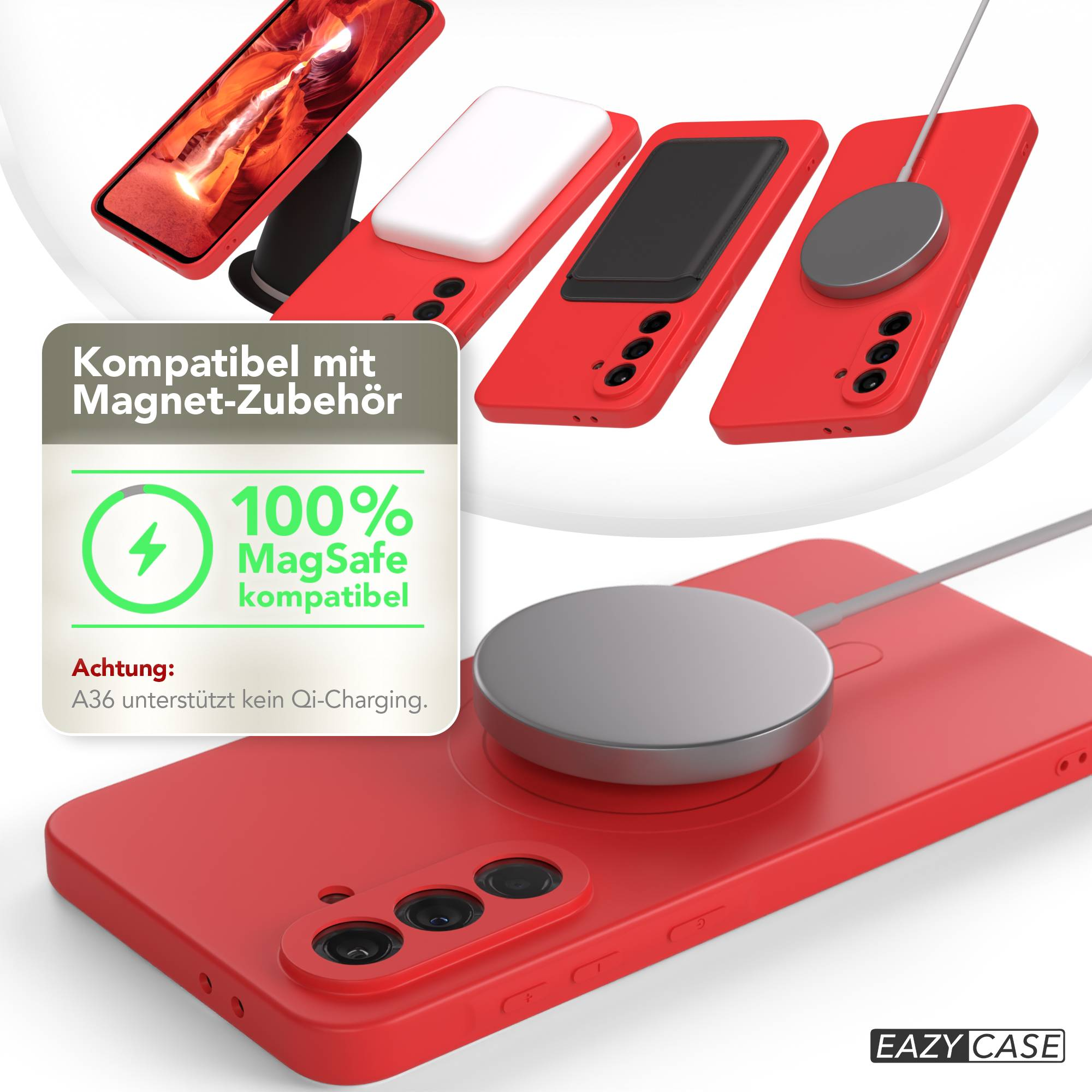 Rote Handyhüllen mit Zubehör. Ein Telefon zeigt ein Bild. Ein weißes und ein graues kreisförmiges Gerät sind abgebildet.