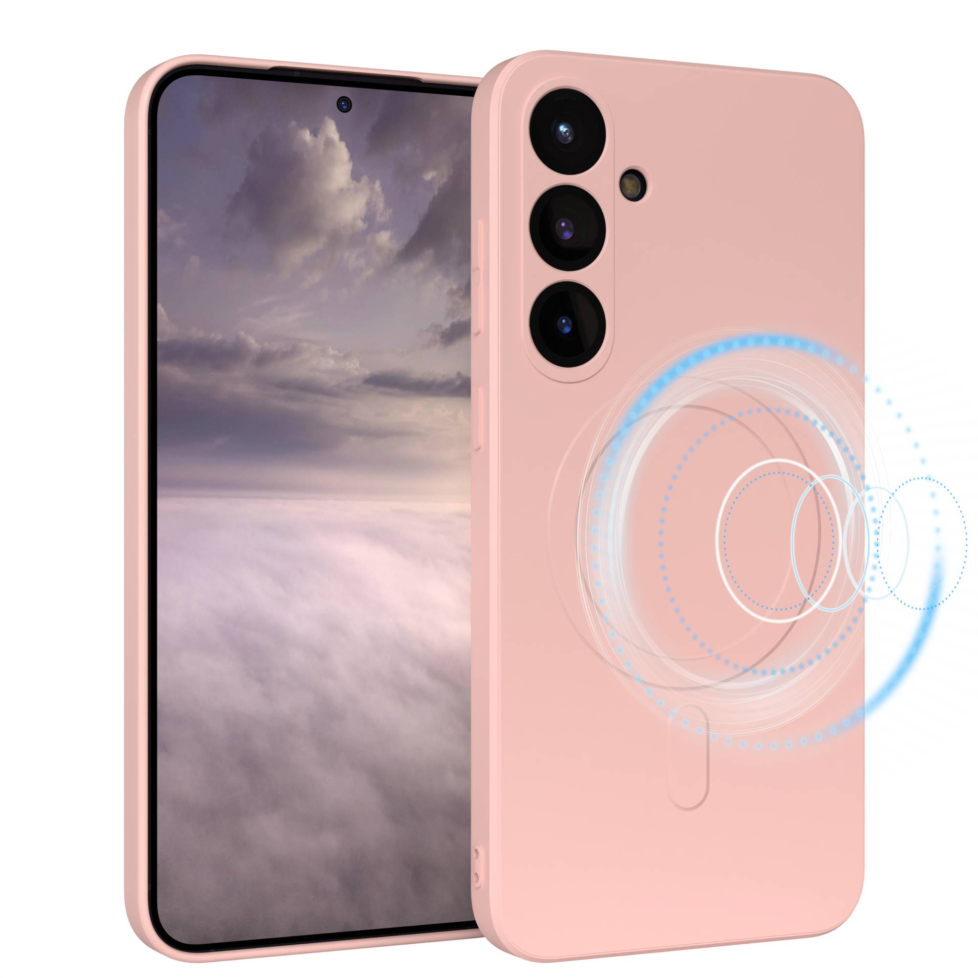 Eine pinkfarbene Handyhülle mit einem Telefon darin. Der Hintergrund zeigt einen bewölkten Himmel. Ein blaues Kreisdesign befindet sich auf der Hülle.