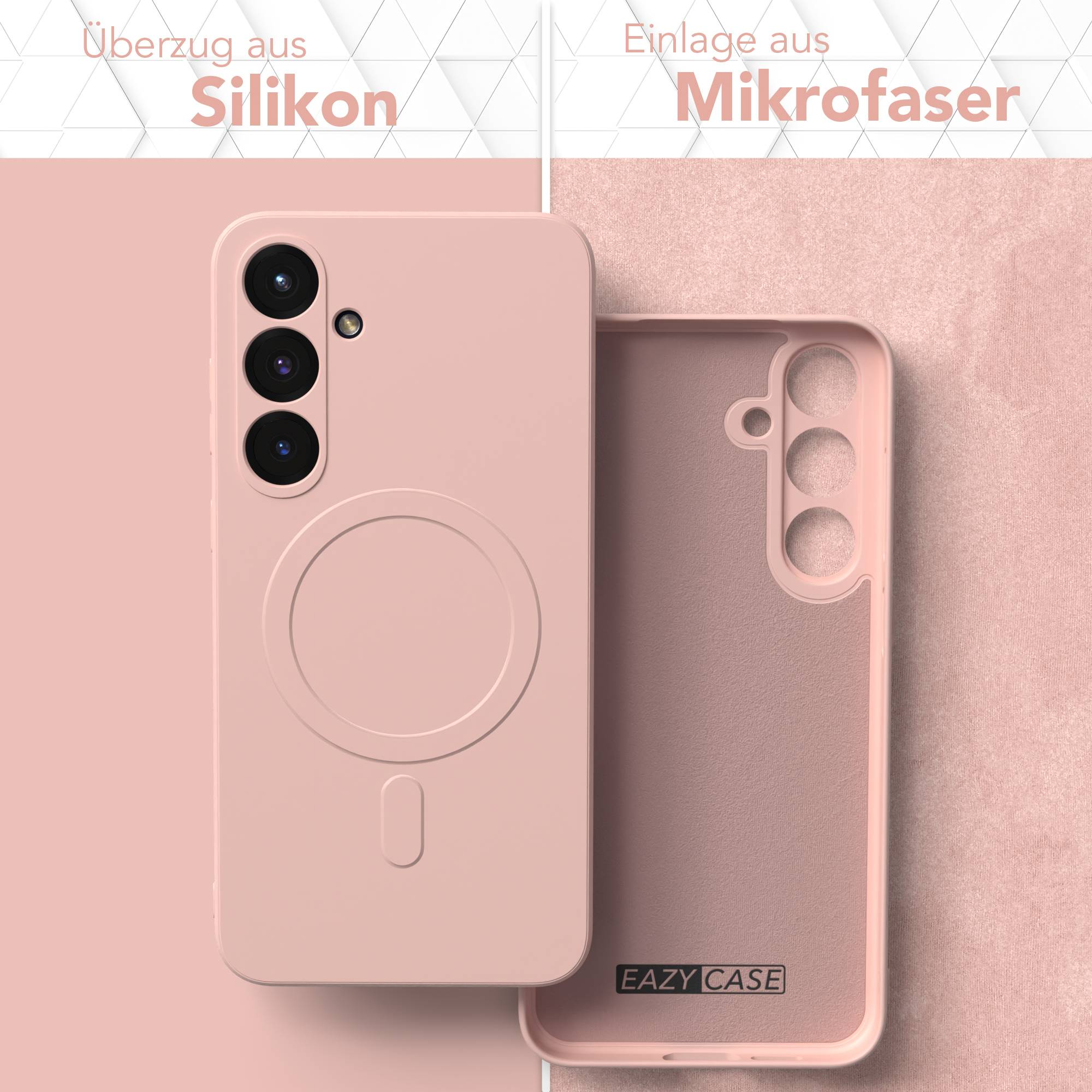 Rosa Handyhülle mit Silikon außen und Mikrofaser innen, zeigt Vorder- und Innenseite. Die Marke ist EAZY CASE.