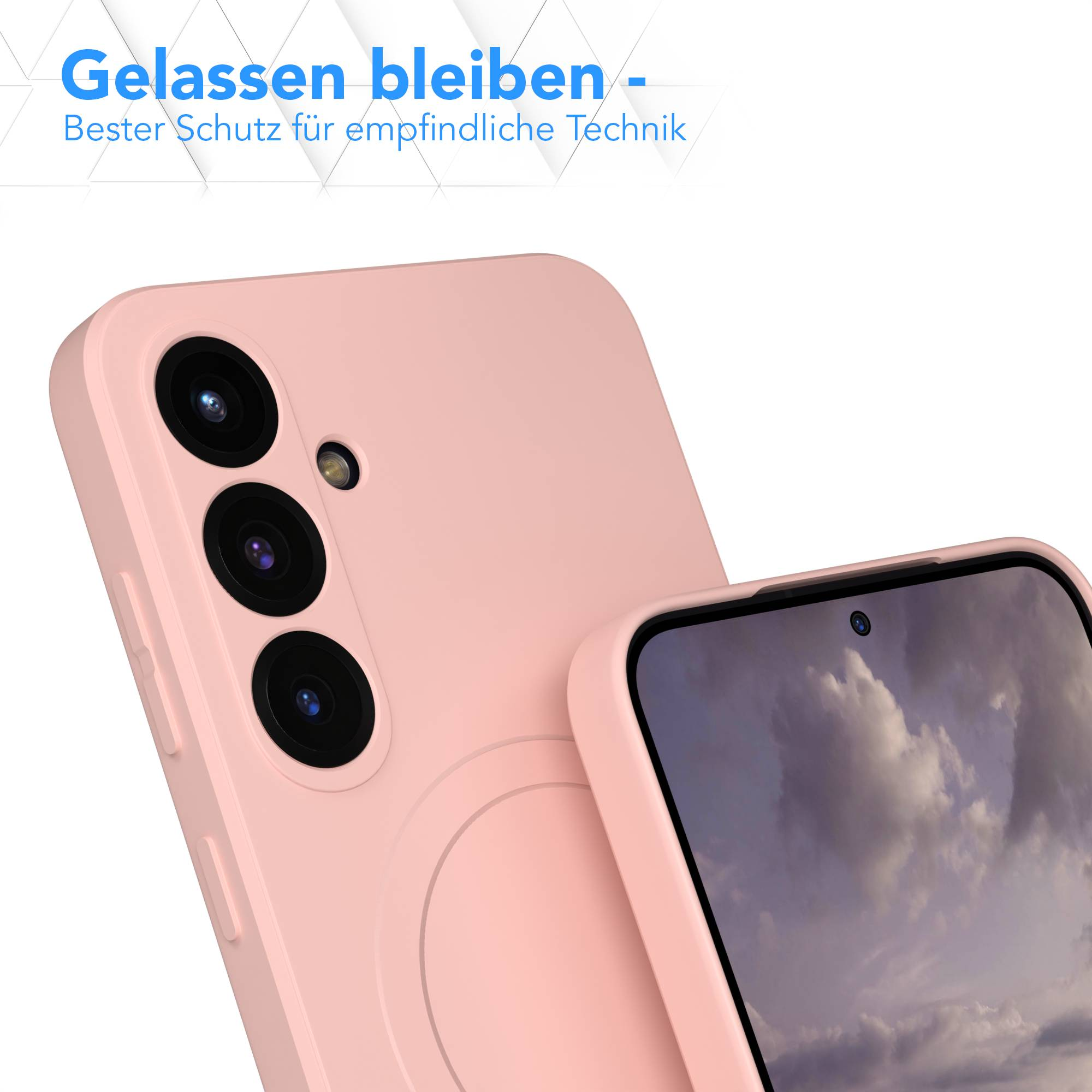 Gezeigt werden eine rosa Handyhülle mit Telefonkameras und ein zweites Telefon mit Bildschirm. Hintergrund hat blauen Text.