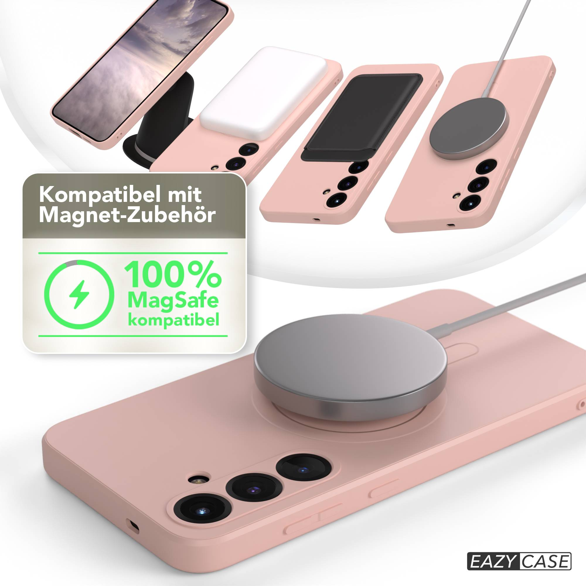 Rosa Handyhüllen mit MagSafe-Zubehör. Ein Telefon steht auf einem Ständer. Der Text sagt MagSafe-kompatibel.