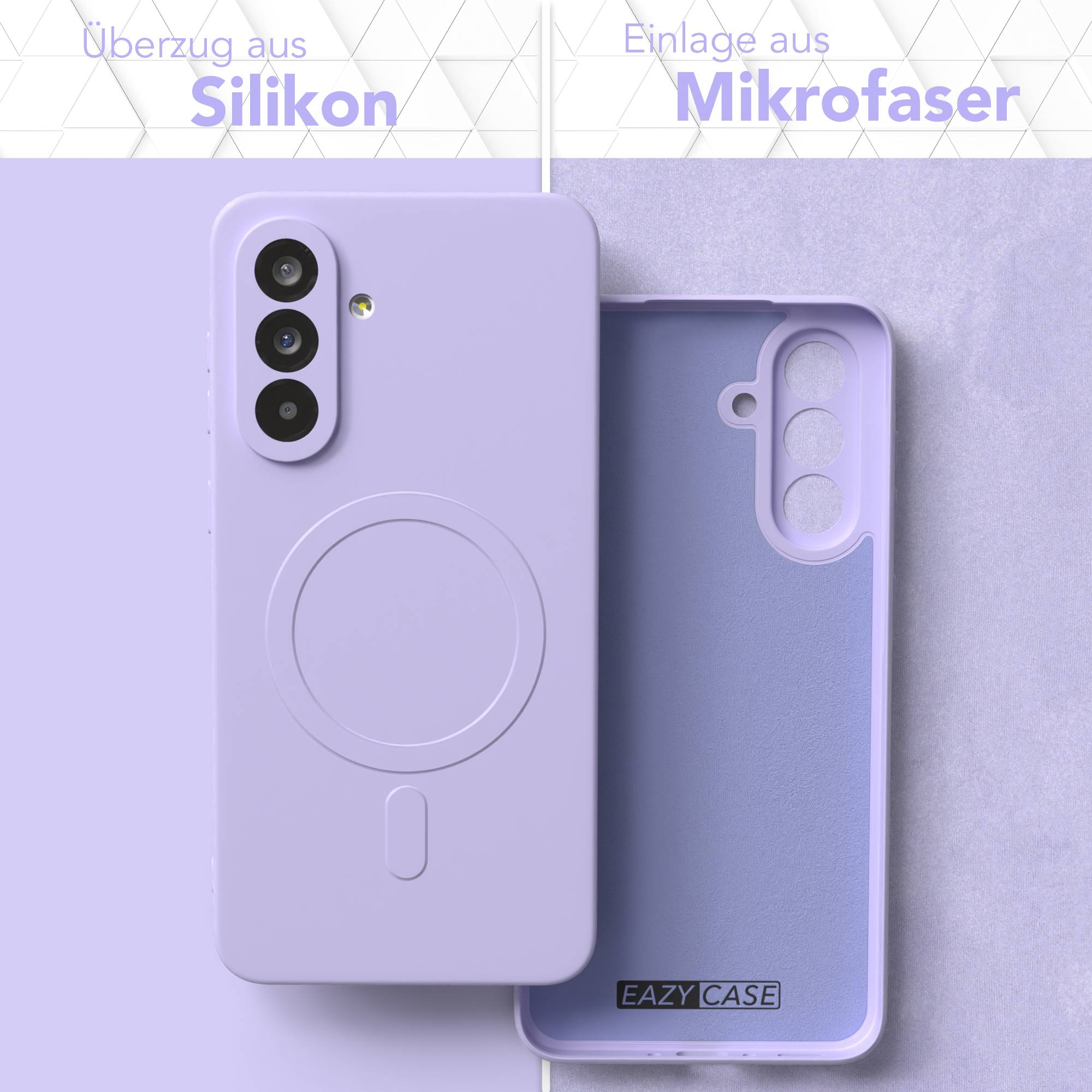Eine hellviolette Handyhülle, offen, um einen Mikrofaser-Innenraum zu zeigen. Die Hülle ist mit 'Silikon' und 'Mikrofaser' beschriftet.