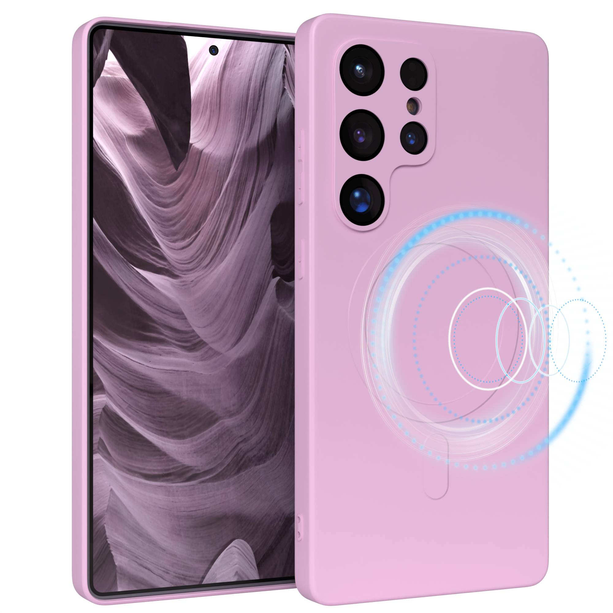 Eine rosa Handyhülle mit einem Handy. Der Bildschirm zeigt eine violette Felsformation. Die Hülle hat mehrere Kameralinsen.