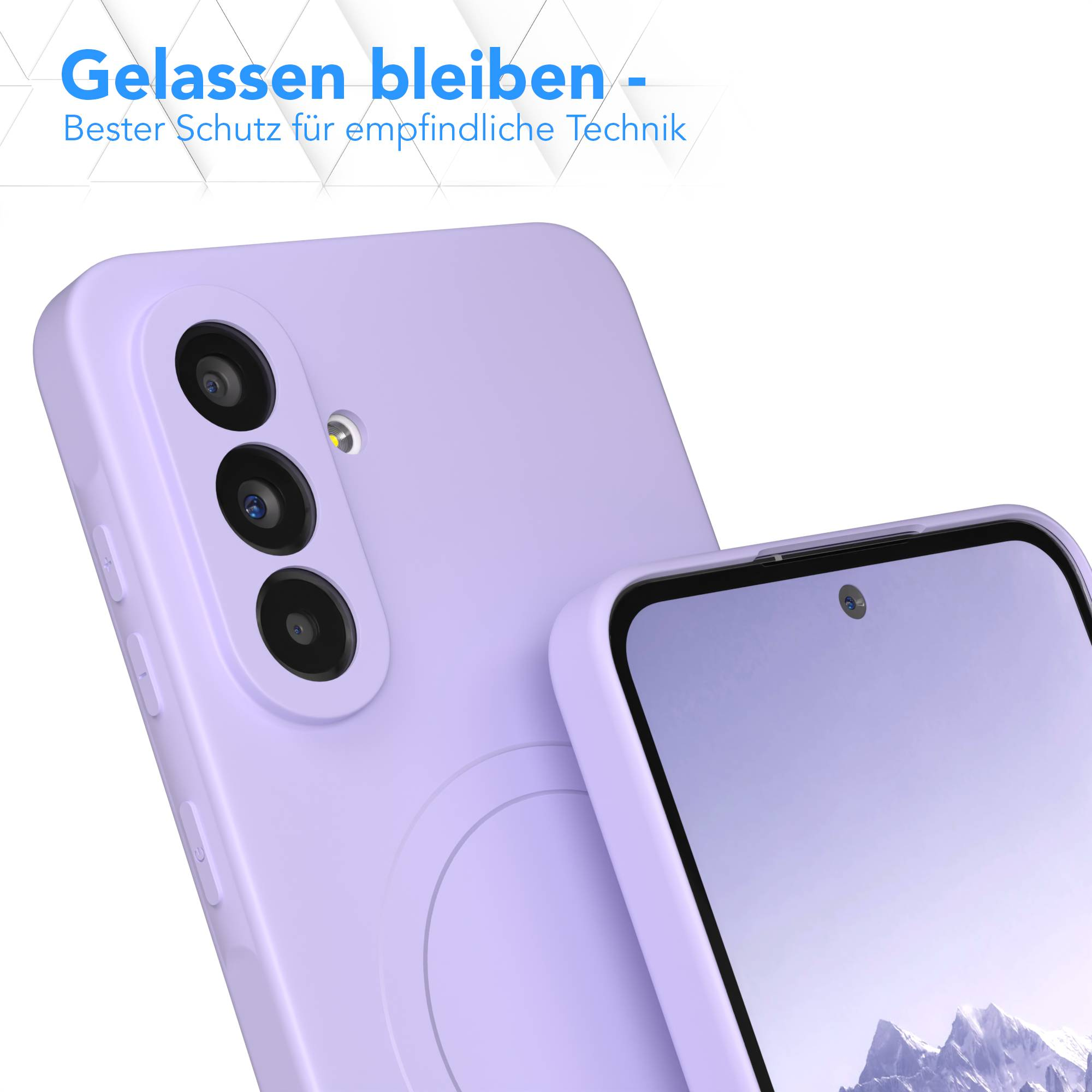 Eine lila Handyhülle mit drei Kameralinsen. Der Bildschirm des Telefons ist sichtbar. Text: 'Gelassen bleiben - Bester Schutz'.