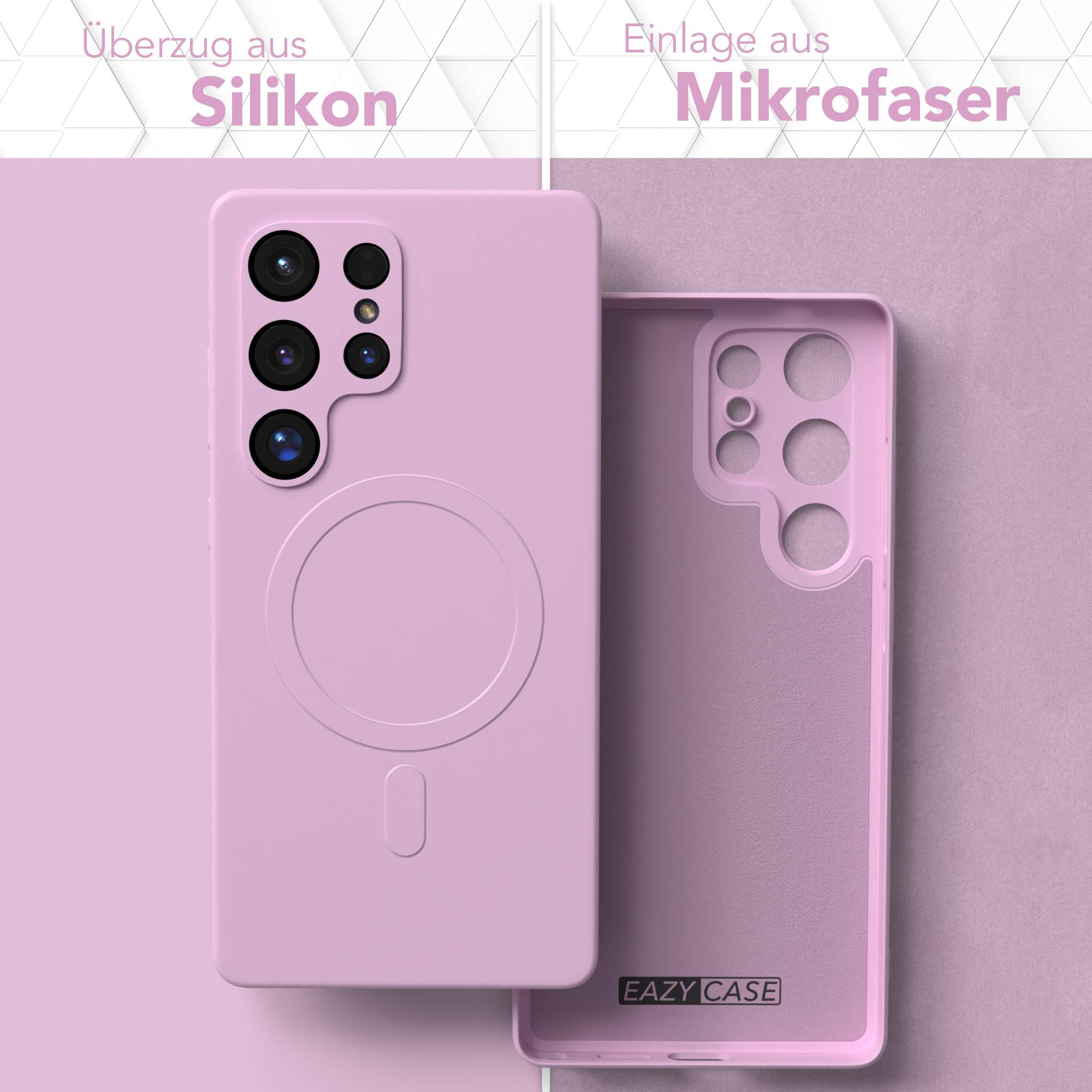 Gezeigt werden eine rosa Handyhülle und ihr Inneres. Die Hülle ist aus Silikon, mit Mikrofaser-Innenraum. Marke ist EAZY CASE.