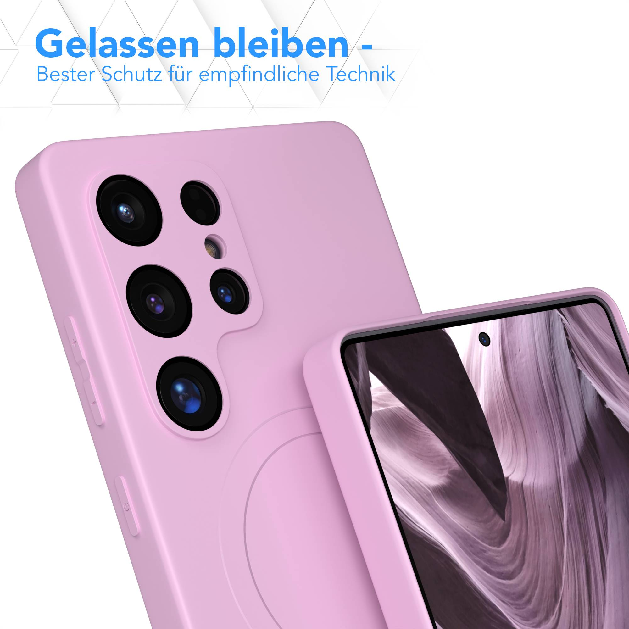 Rosa Handyhülle mit Kameraausschnitten, schützt Telefon. Ein anderes Handy mit Bildschirm davor.