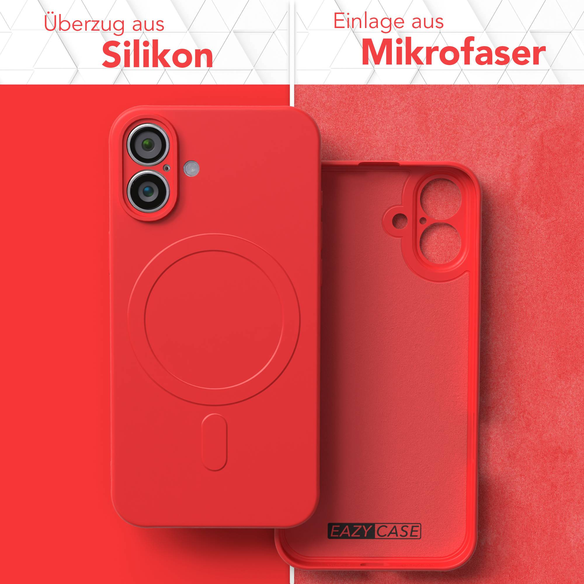 Eine rote Handyhülle und ihr Innenteil, neben einem roten Mikrofaser-Textur-Hintergrund, mit deutschen Texten.