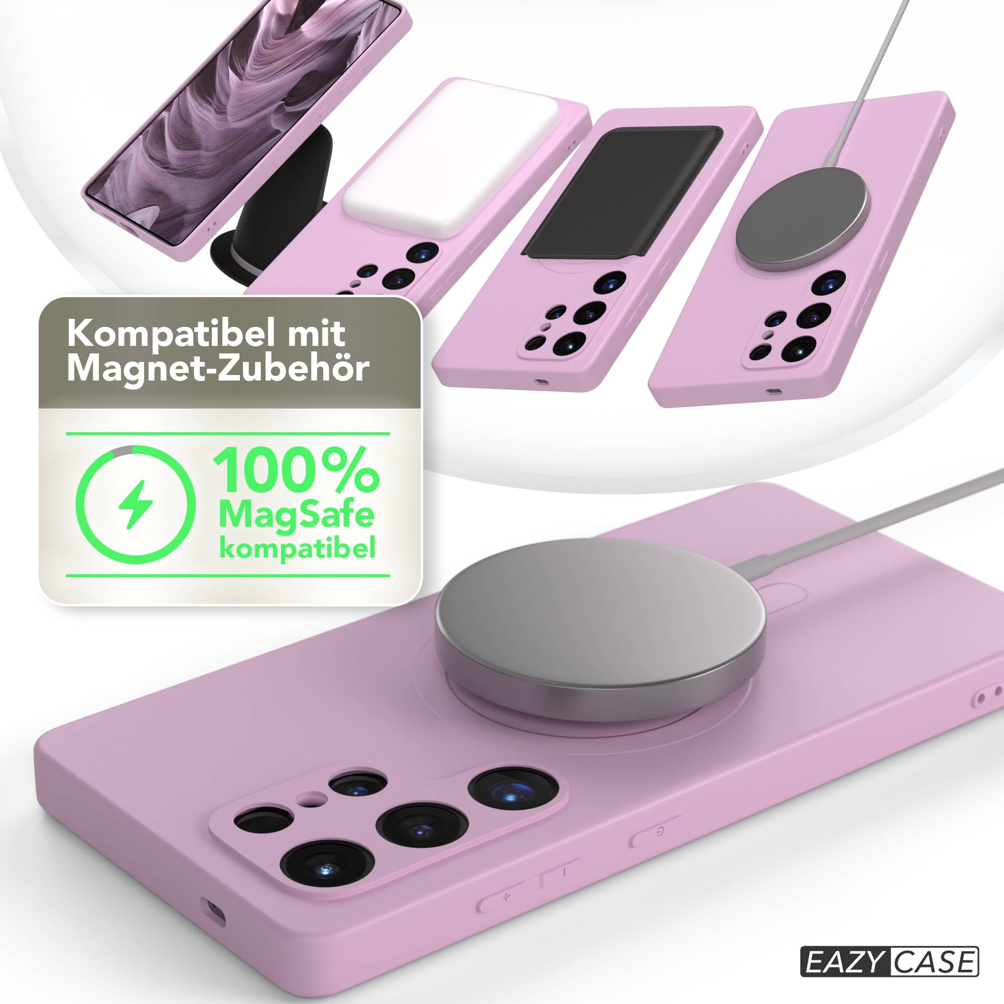 Pinke Handyhüllen mit MagSafe-Zubehör. Ein Ladepad ist an einer Hülle befestigt. Das Bild wirbt für MagSafe-Kompatibilität.