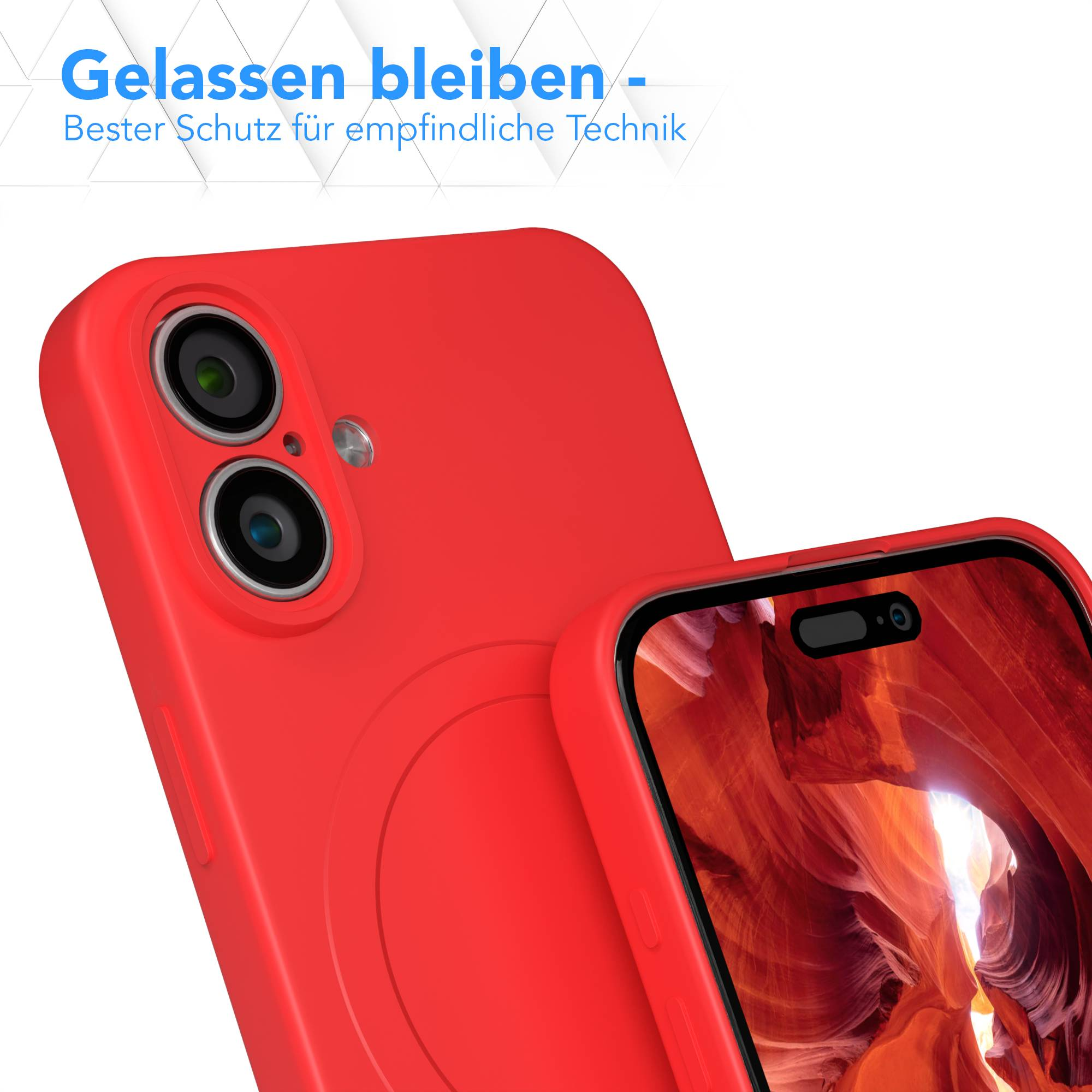 Rote Handyhülle mit Telefon im Inneren, das ein Canyonbild anzeigt. Das Telefon hat eine Kamera. Blauer Text oben.