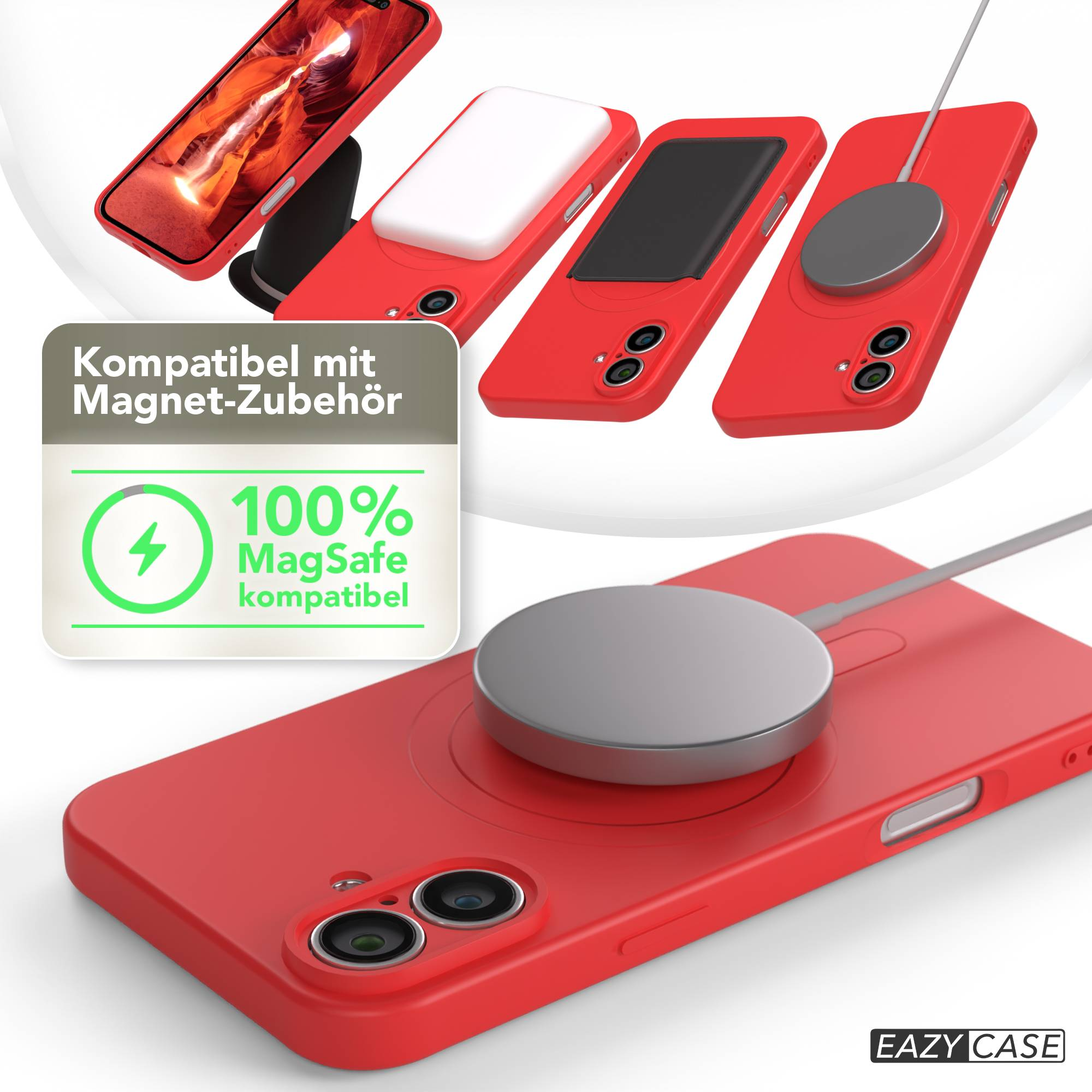 Rote Handyhüllen mit MagSafe-Zubehör und eine Grafik, die die Kompatibilität zeigt. Ein Telefon steht auf einem Ständer.
