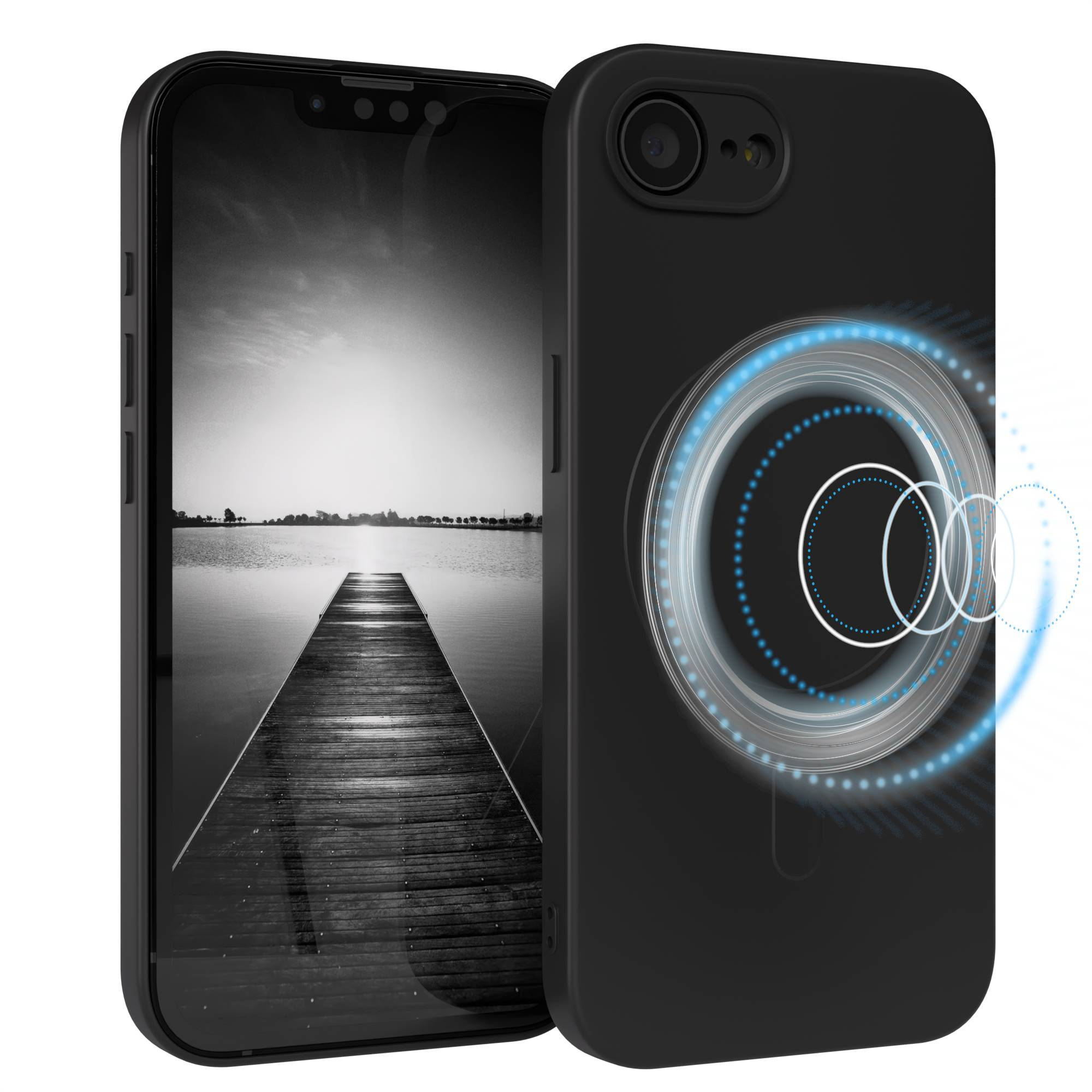 Schwarzes Telefon mit Hülle, das einen Steg über dem Wasser zeigt. Die Hülle hat einen blau leuchtenden Ring auf der Rückseite.