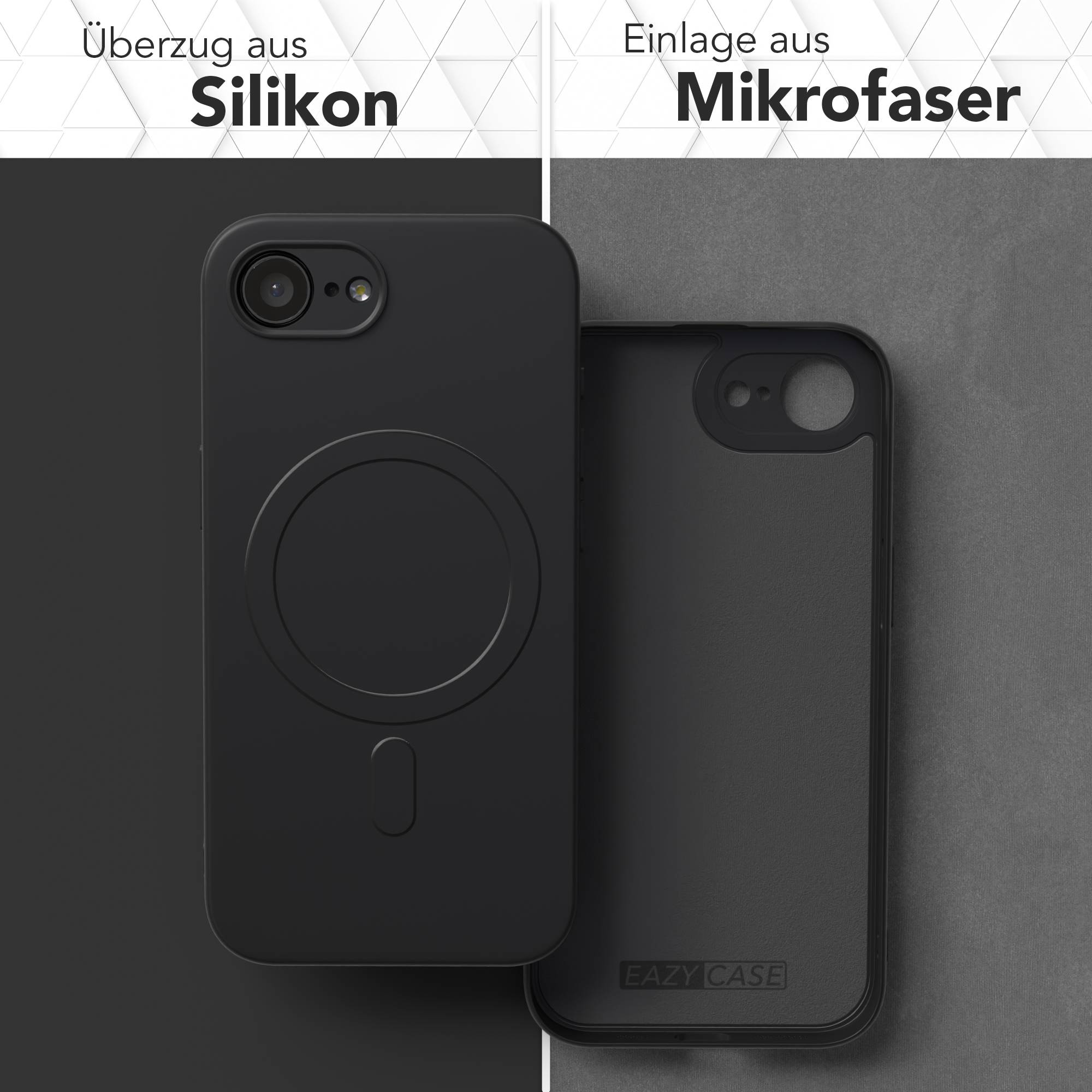 Schwarze Handyhülle mit Silikonaußenseite und Mikrofaserinnenseite, geteilte Ansicht. Die Hülle ist offen und zeigt das Innere.