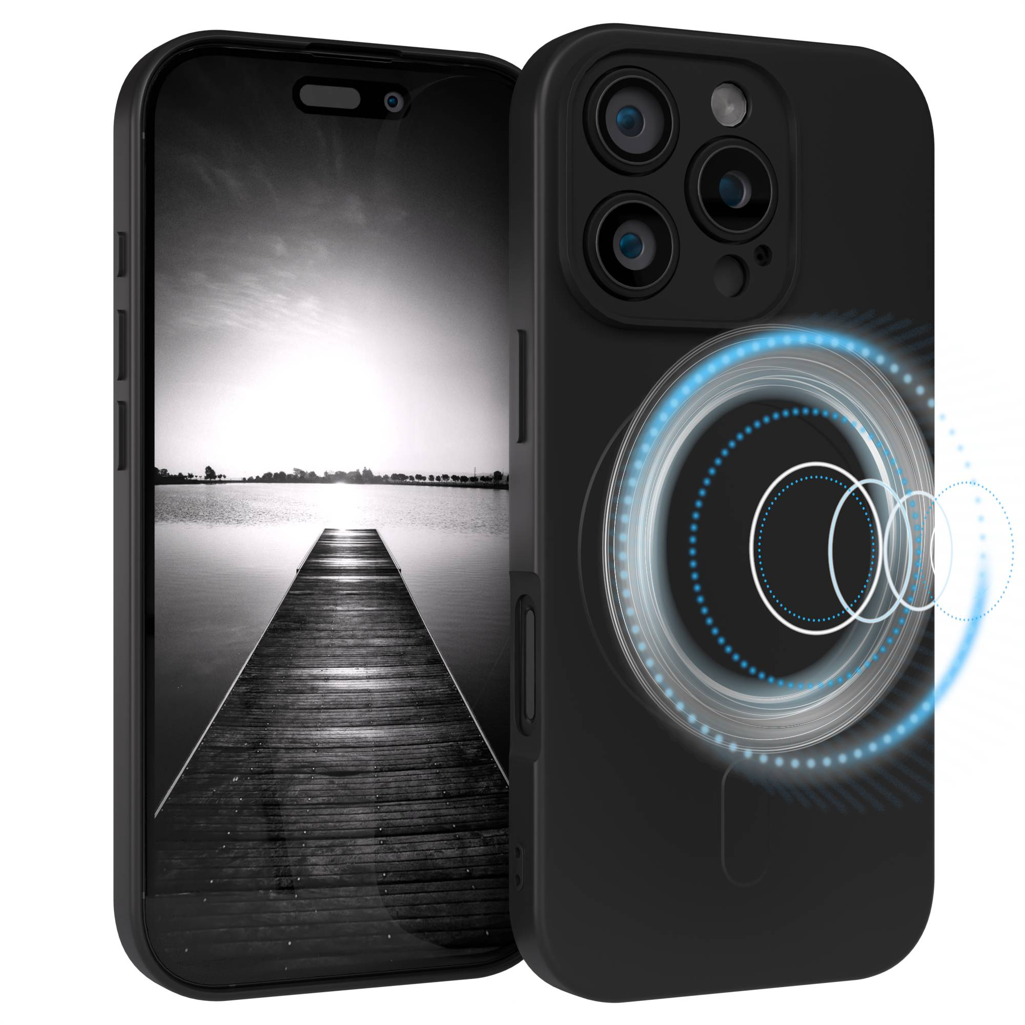 Schwarzes Telefon mit Seeszene auf dem Bildschirm. Die Handyhülle hat ein leuchtendes Kreisdesign. Schwarz-Weiß-Bild.