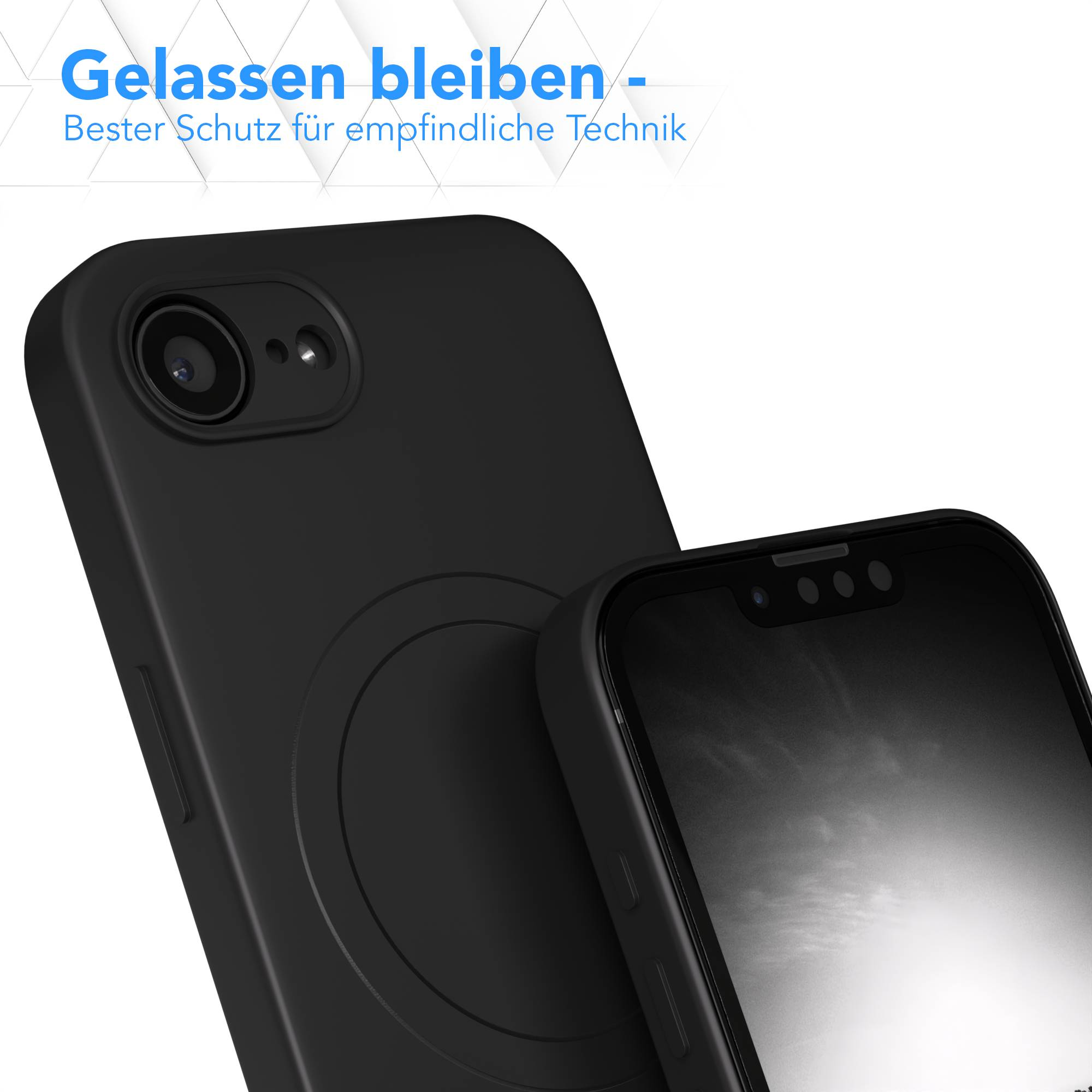 Schwarze Handyhülle, angewinkelt, mit einem Telefon darin. Die Hülle hat einen Kameraausschnitt. Weißer Hintergrund mit blauem Text oben.