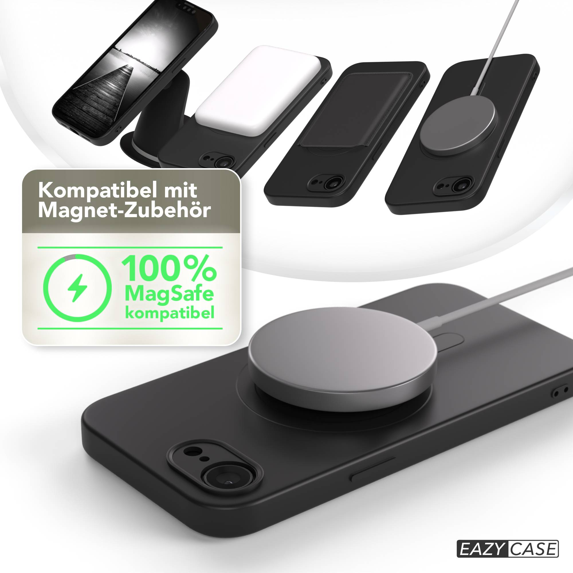 Bild zeigt schwarze Telefone mit Zubehör, einschließlich Ladepads. Text wirbt für MagSafe-Kompatibilität.