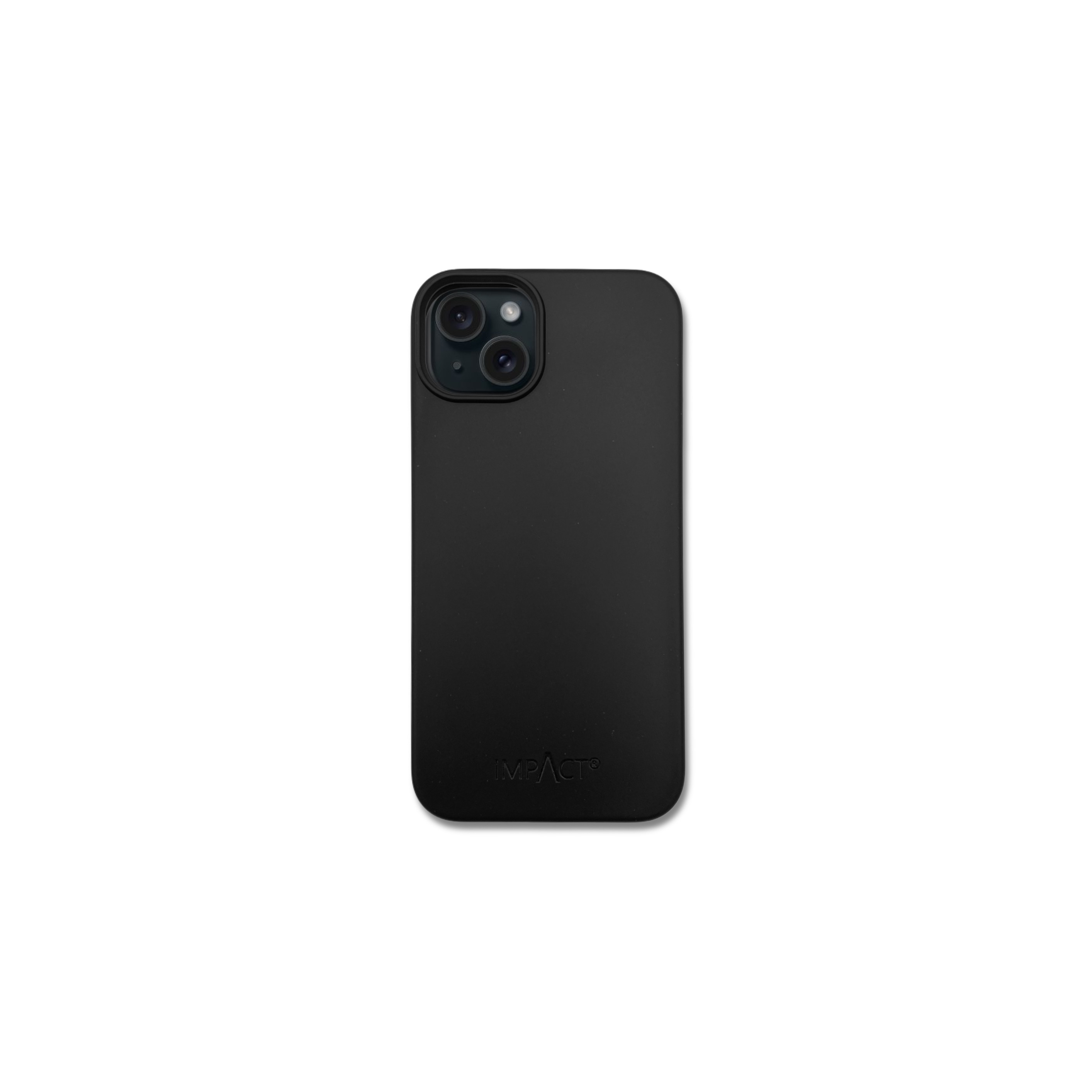 Una custodia nera per telefono con ritagli per fotocamera è centrata su sfondo bianco. Marchio visibile in basso.