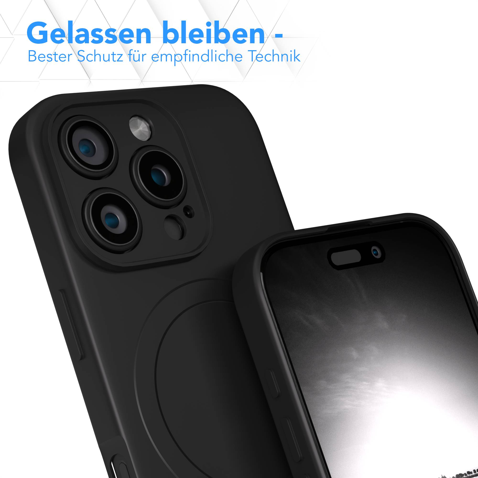 Schwarze Handyhülle mit drei Kameralinsen, Text: 'Gelassen bleiben - Bester Schutz für empfindliche Technik'.