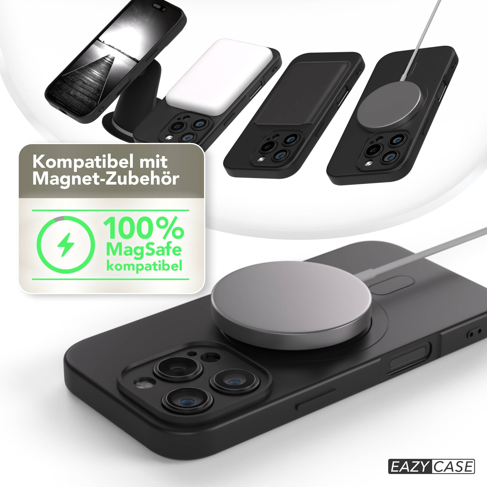 Das Bild zeigt Handyhüllen und Zubehör. Ein MagSafe-Ladegerät ist an einer Handyhülle befestigt. Die Hüllen sind schwarz und weiß.