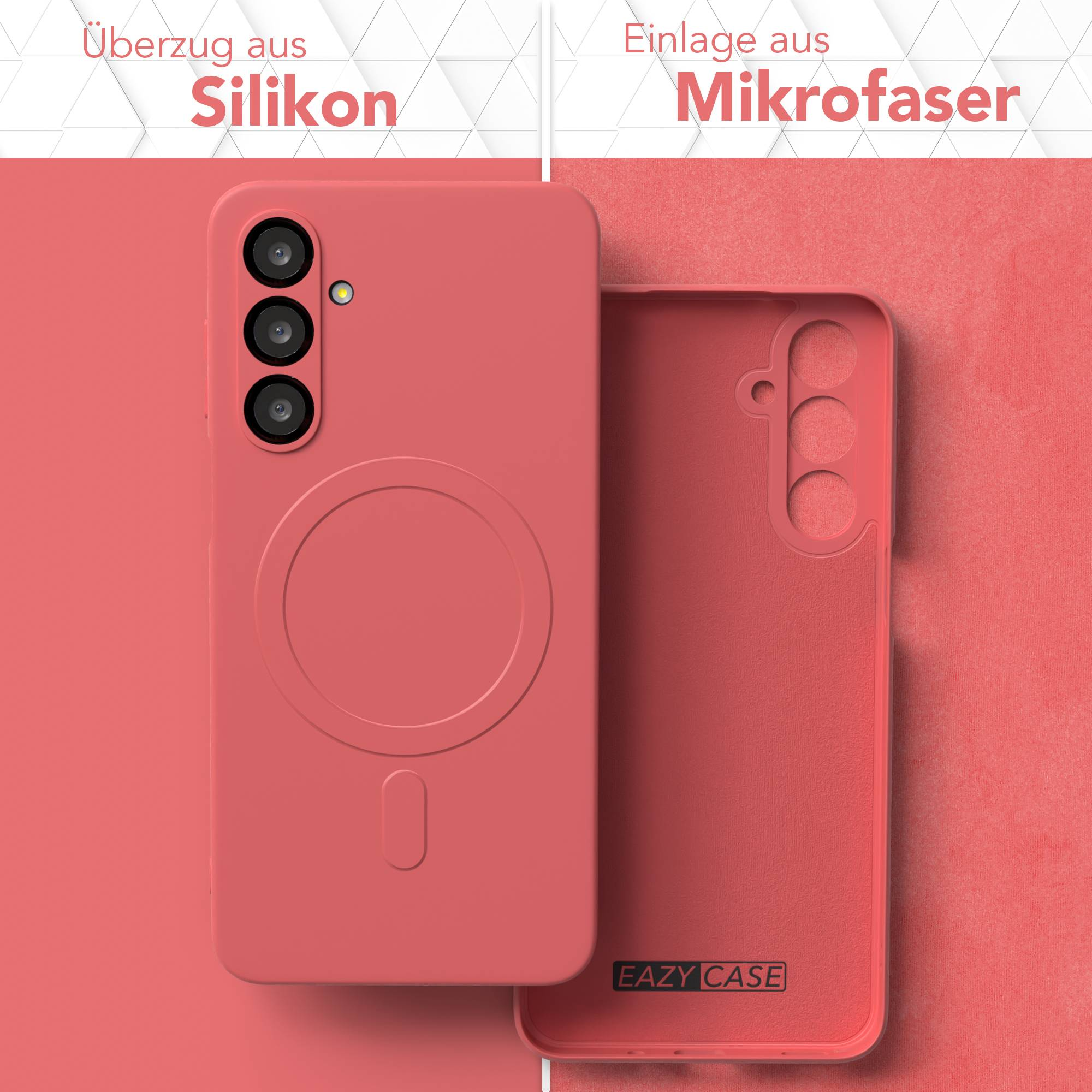 Ein korallenfarbenes Handycase wird neben der Innenseite gezeigt. Text sagt 'Silikon' und 'Mikrofaser'.
