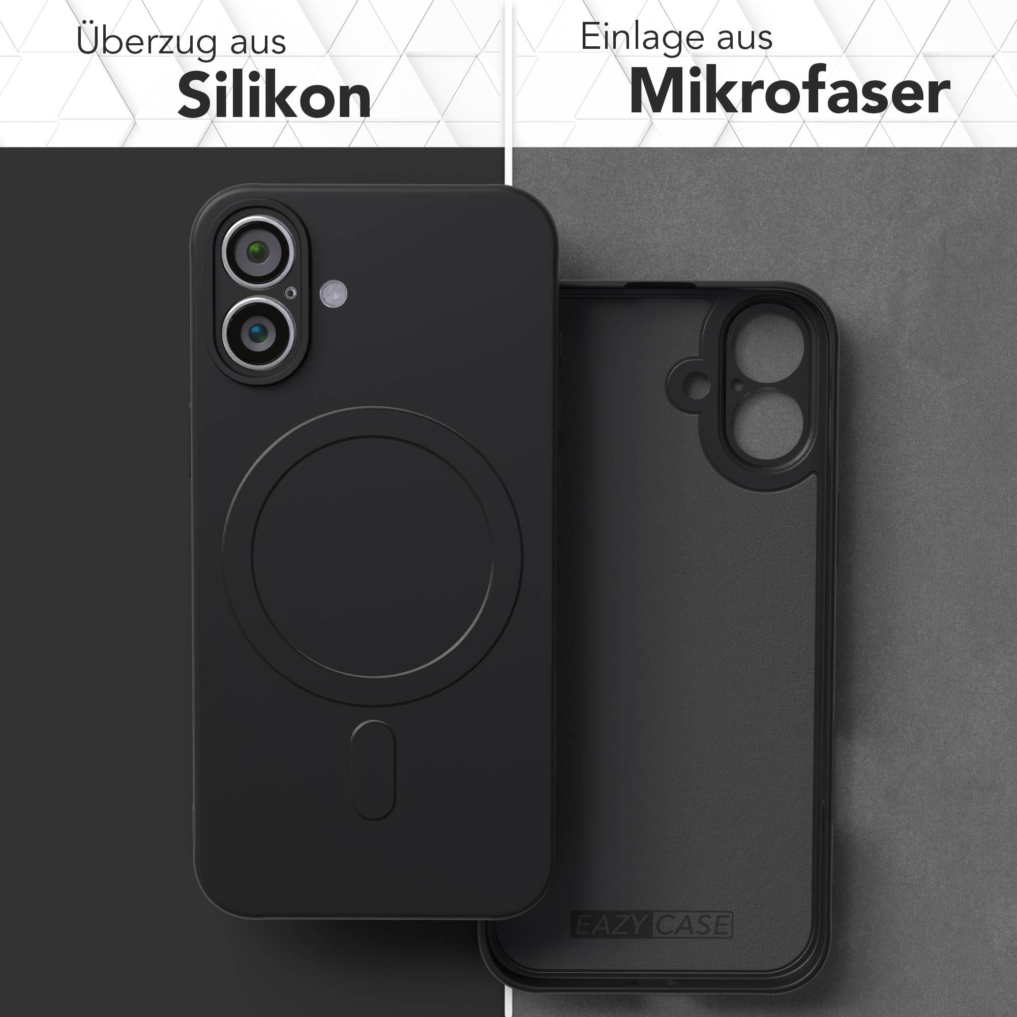 Schwarze Handyhülle mit Silikonaußenseite und Mikrofaserinnenraum. Zeigt die Hülle mit und ohne Telefon.