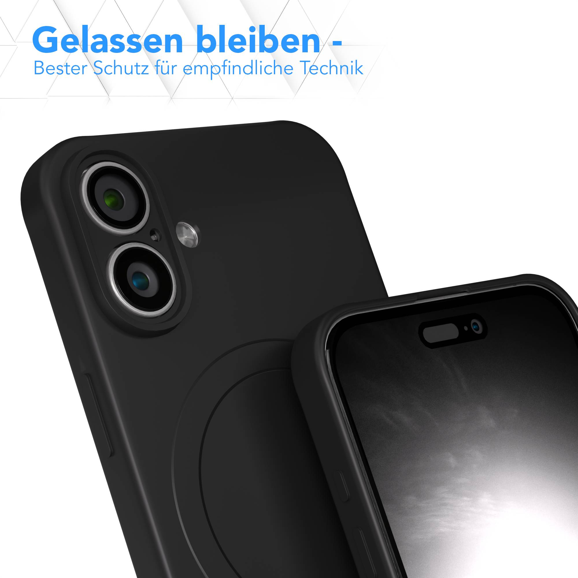 Schwarze Handyhülle mit Kameradetails und einem Telefonbildschirm. Der Hintergrund ist weiß.