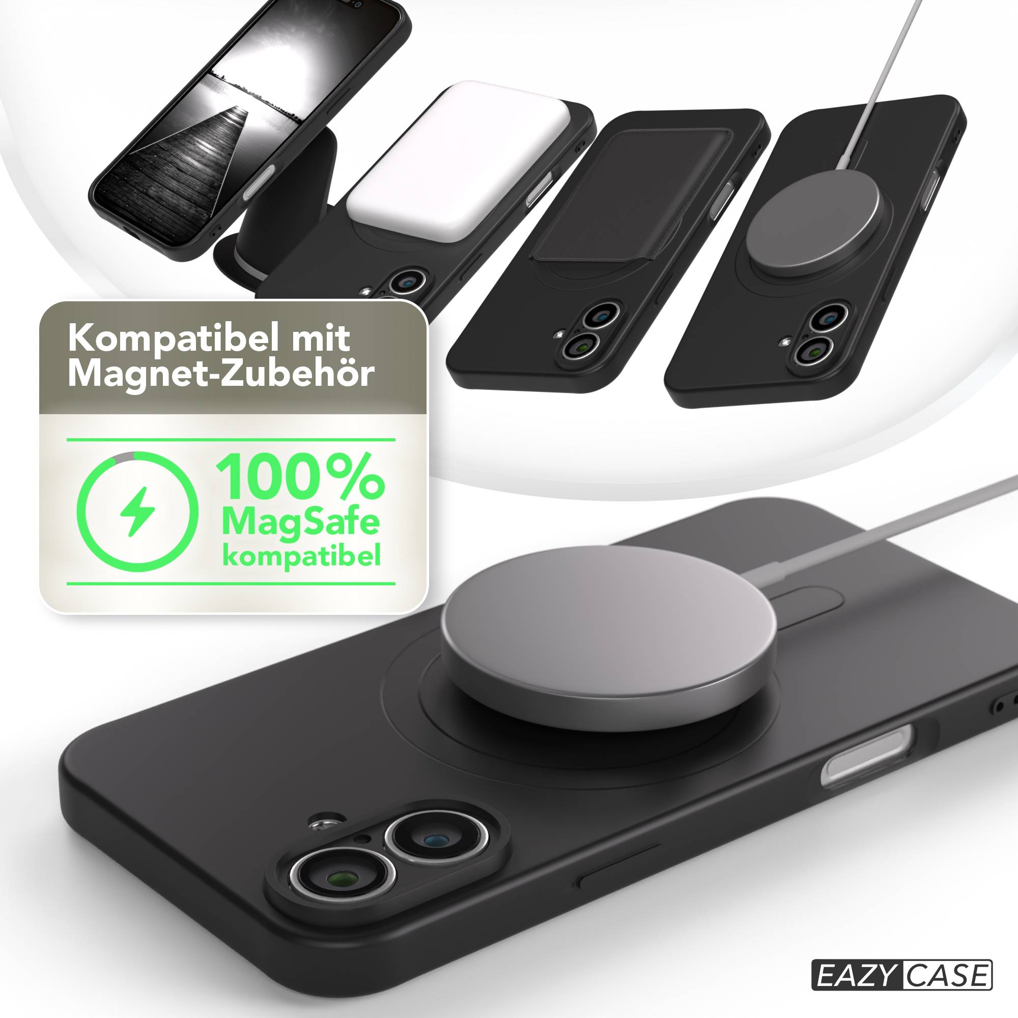 Schwarze Handyhüllen mit MagSafe-Zubehör. Ein grünes und weißes Logo. Die untere Hülle hat ein Ladepad.