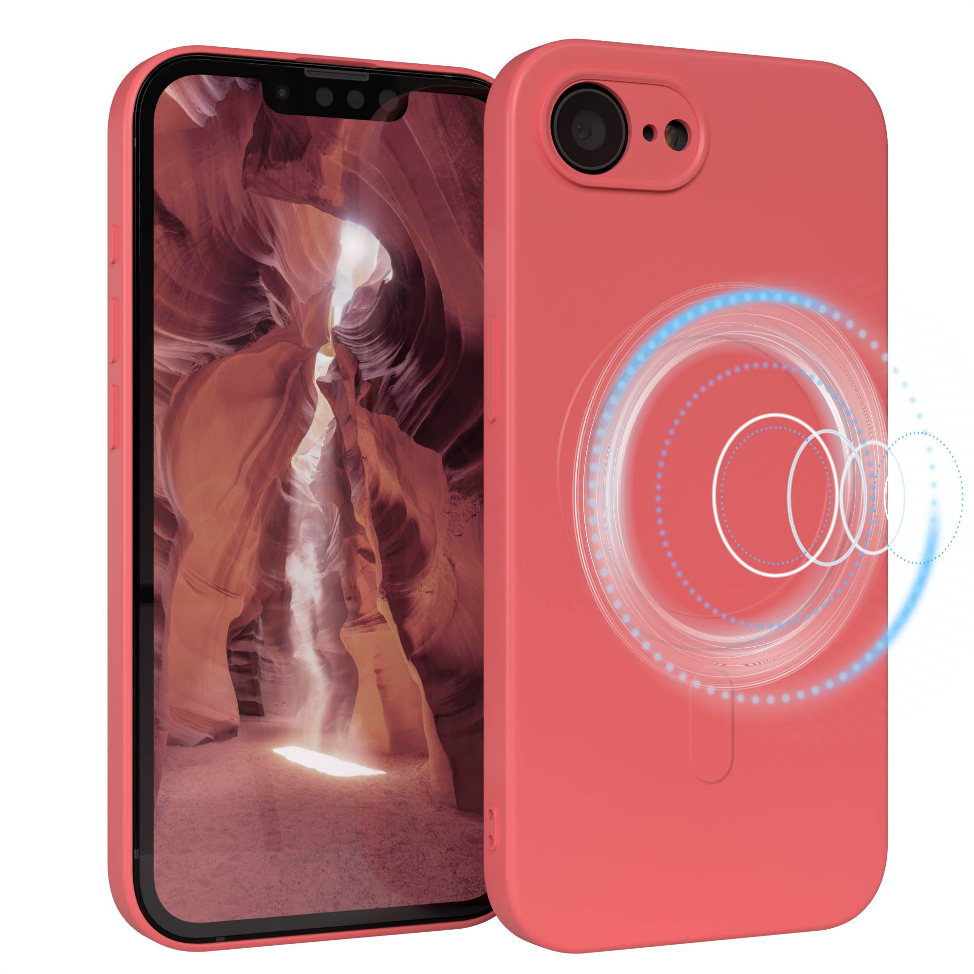 Ein rotes Telefon in einer roten Hülle. Der Telefonbildschirm zeigt eine Schluchtszene. Die Hülle hat ein kreisförmiges Design.