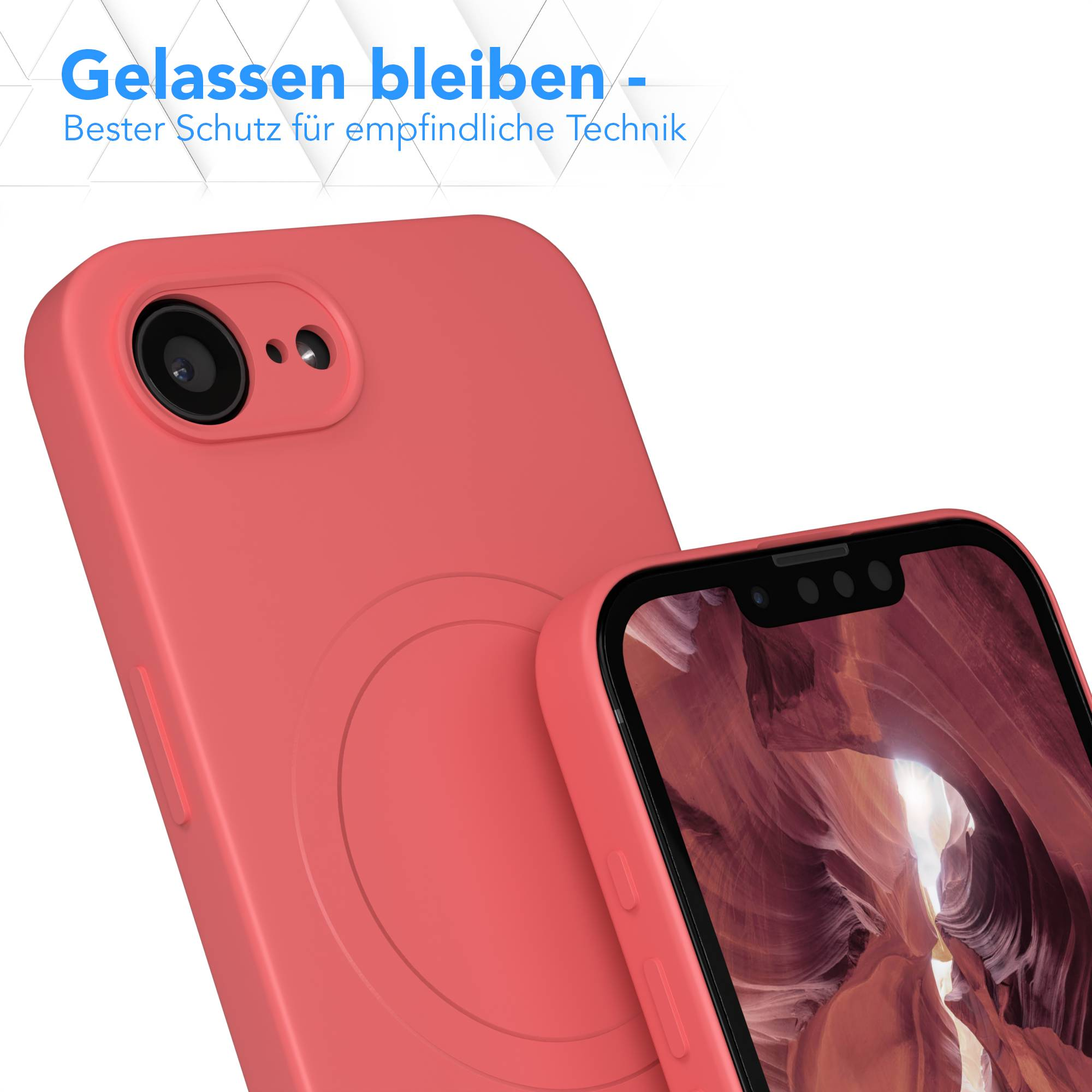 Zwei korallenfarbene Handyhüllen. Eine umschließt das Telefon, die andere ist dahinter. Der Bildschirm zeigt eine Schlucht.