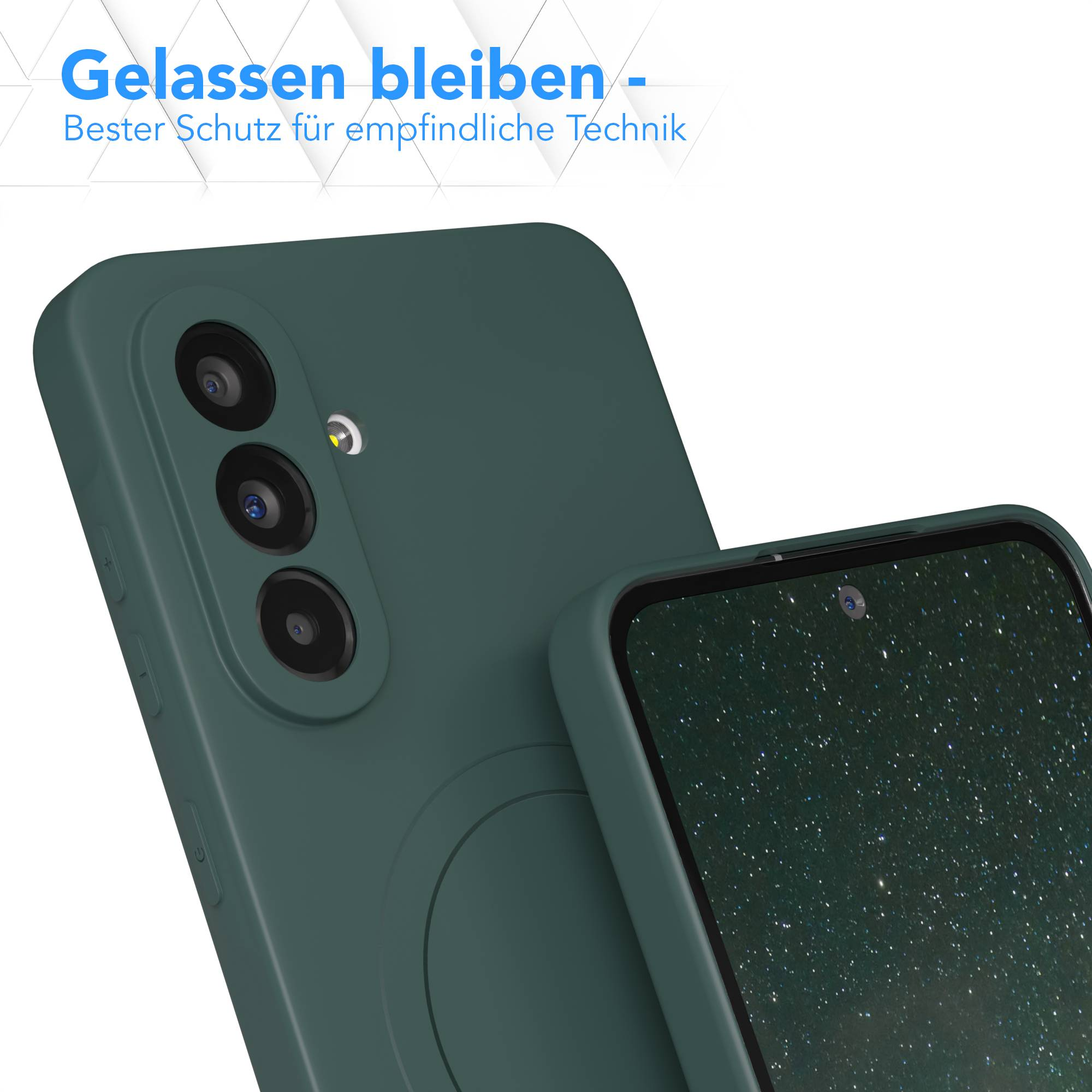 Nahaufnahme einer dunkelgrünen Handyhülle mit einem Telefonbildschirm. Der Bildschirm zeigt eine Sternennacht. Blauer Text oben.