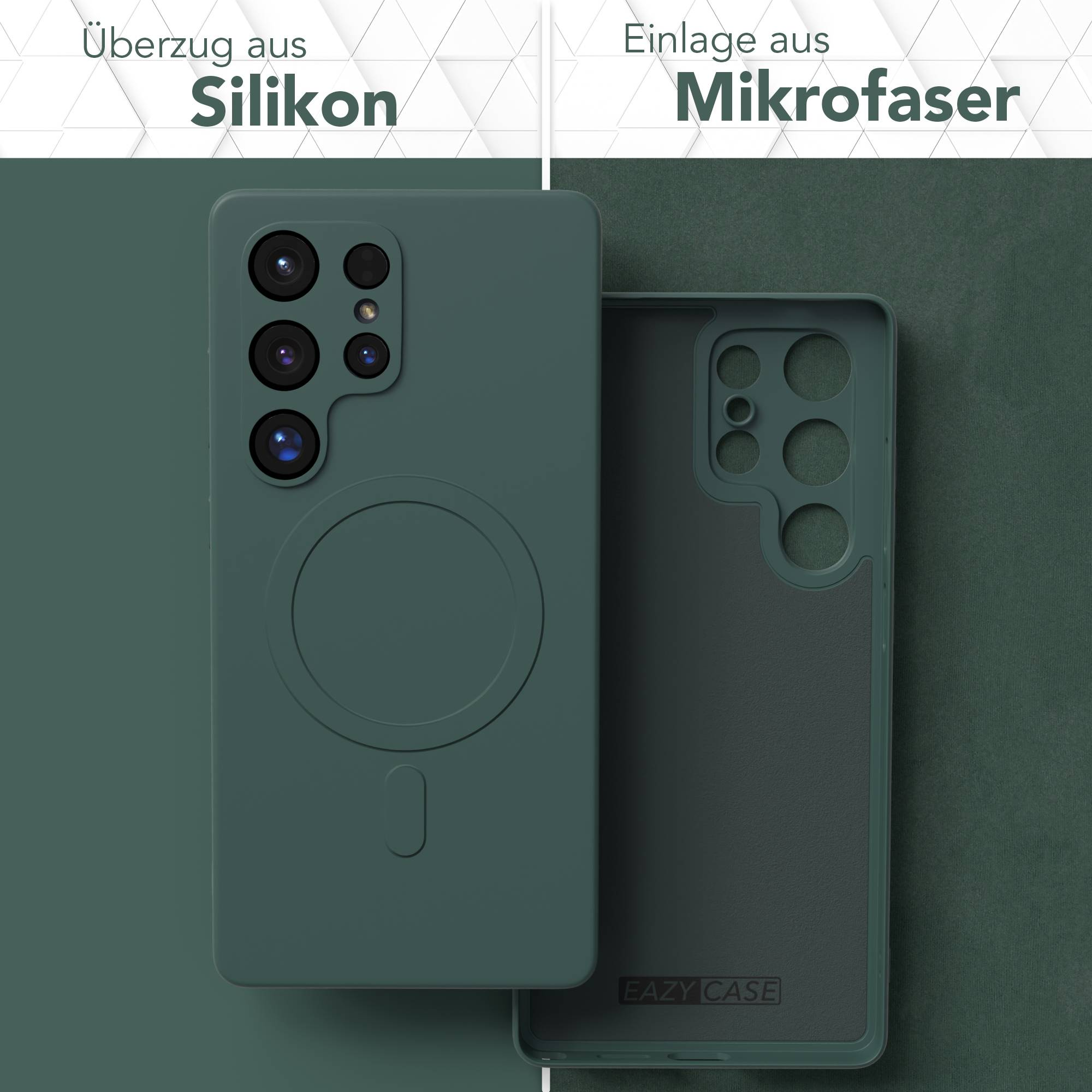 Eine grüne Handyhülle neben einer Innenhülle mit Kameraausschnitten. Text sagt 'Silikon' und 'Mikrofaser'.