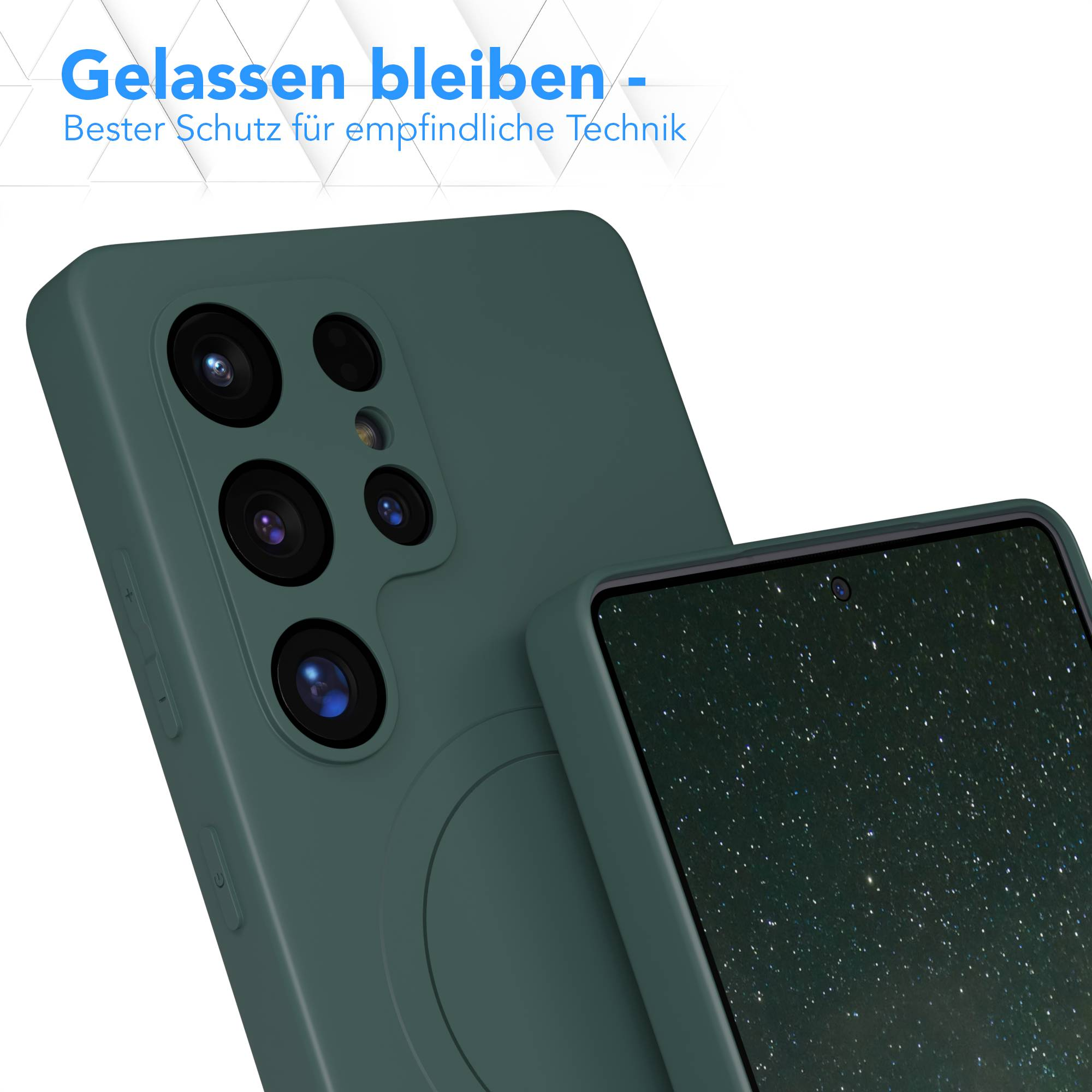 Eine grüne Handyhülle mit mehreren Kameralinsen, die den Bildschirm mit Sternenhimmel zeigt.