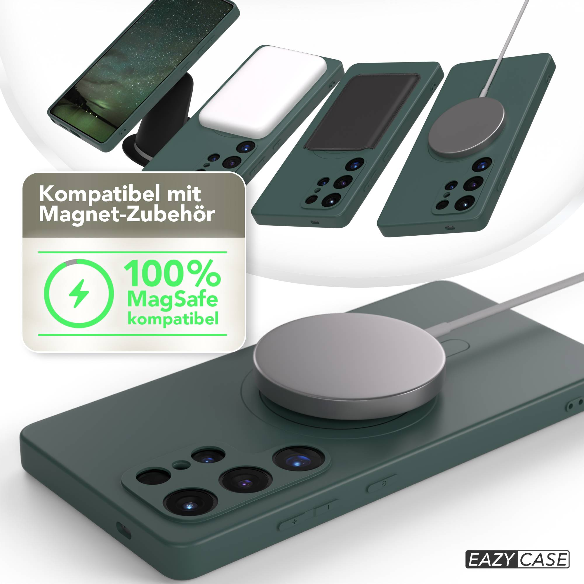 Grüne Handyhüllen mit MagSafe-Zubehör. Weiße und schwarze MagSafe-Zusätze. Auf dem Etikett steht 100 % MagSafe-kompatibel.