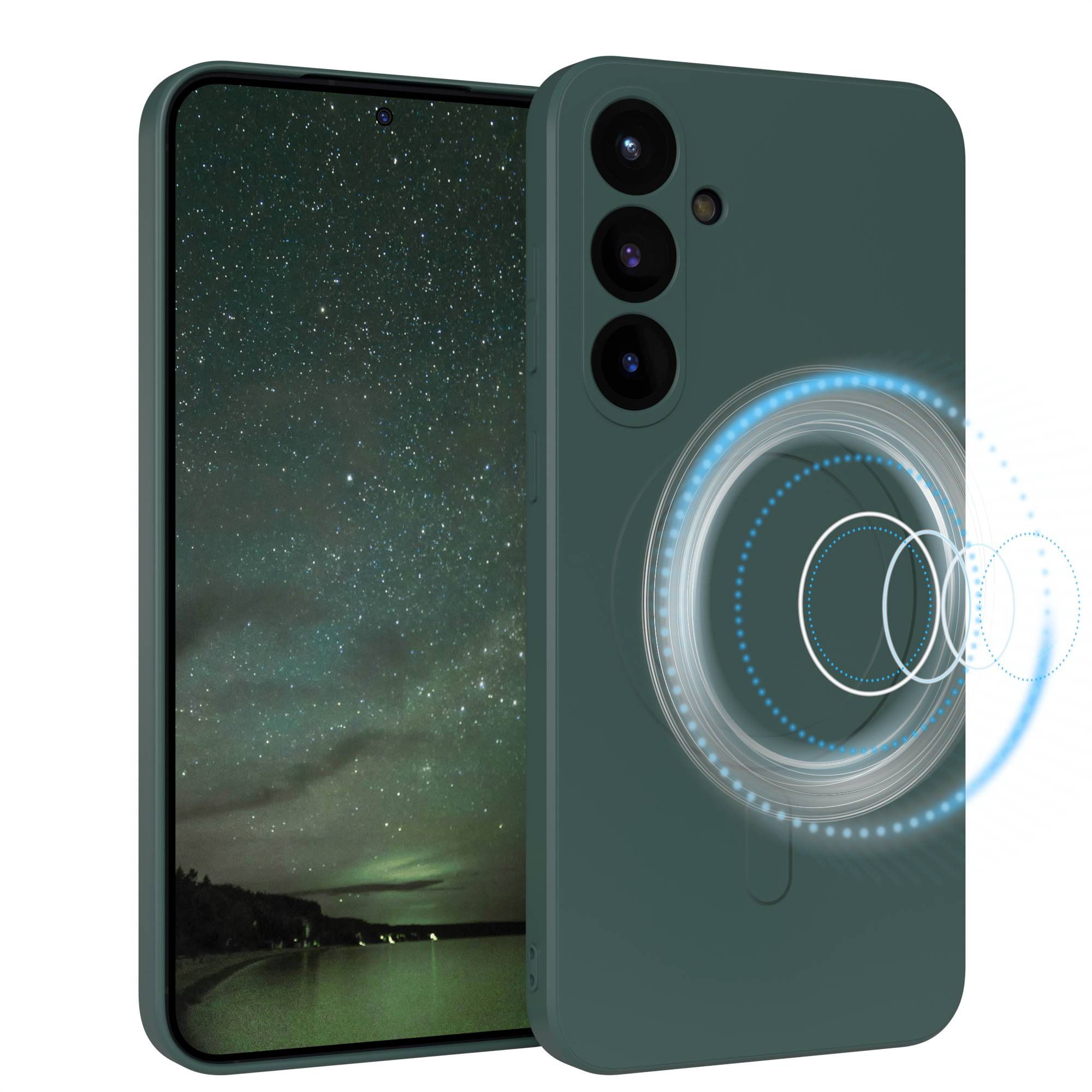 Ein tealfarbenes Telefon mit Hülle zeigt eine sternenklare Nachtszene. Die Hülle hat einen leuchtenden Ring und eine Dreifachkamera.