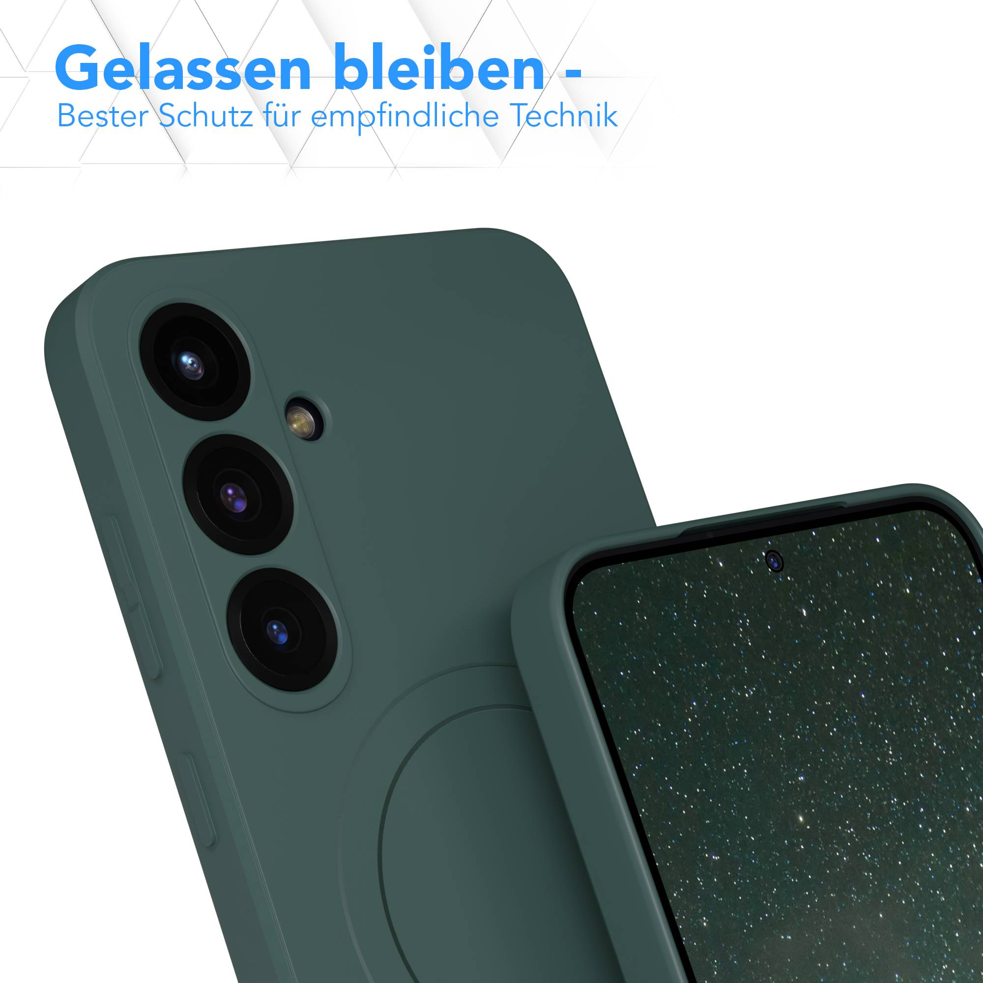 Nahaufnahme einer grünen Handyhülle mit mehreren Kameralinsen. Der Bildschirm zeigt eine Sternennacht. Weißer Text oben.