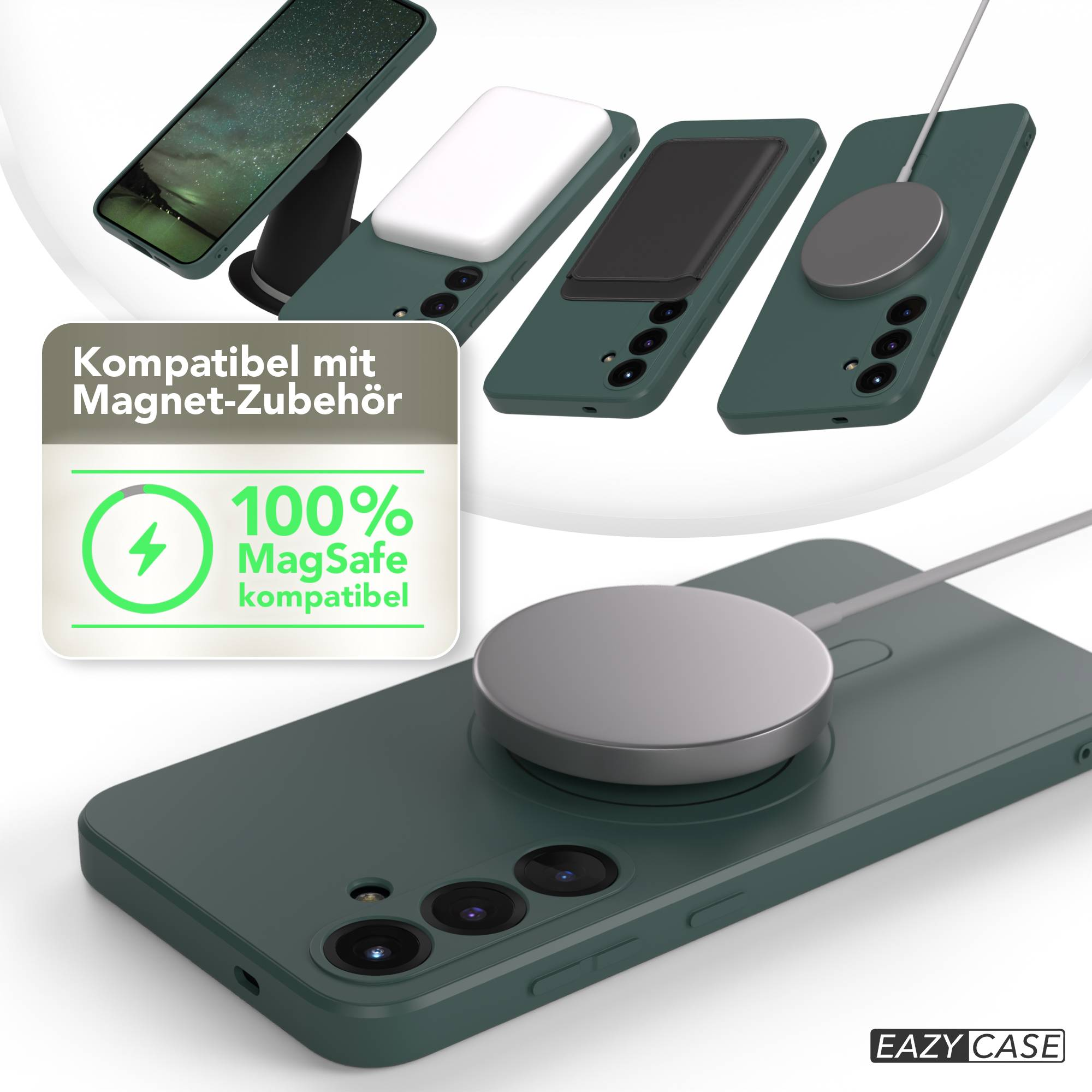 Grüne Handyhüllen und Zubehör werden gezeigt. Ein MagSafe-kompatibles Etikett ist sichtbar.