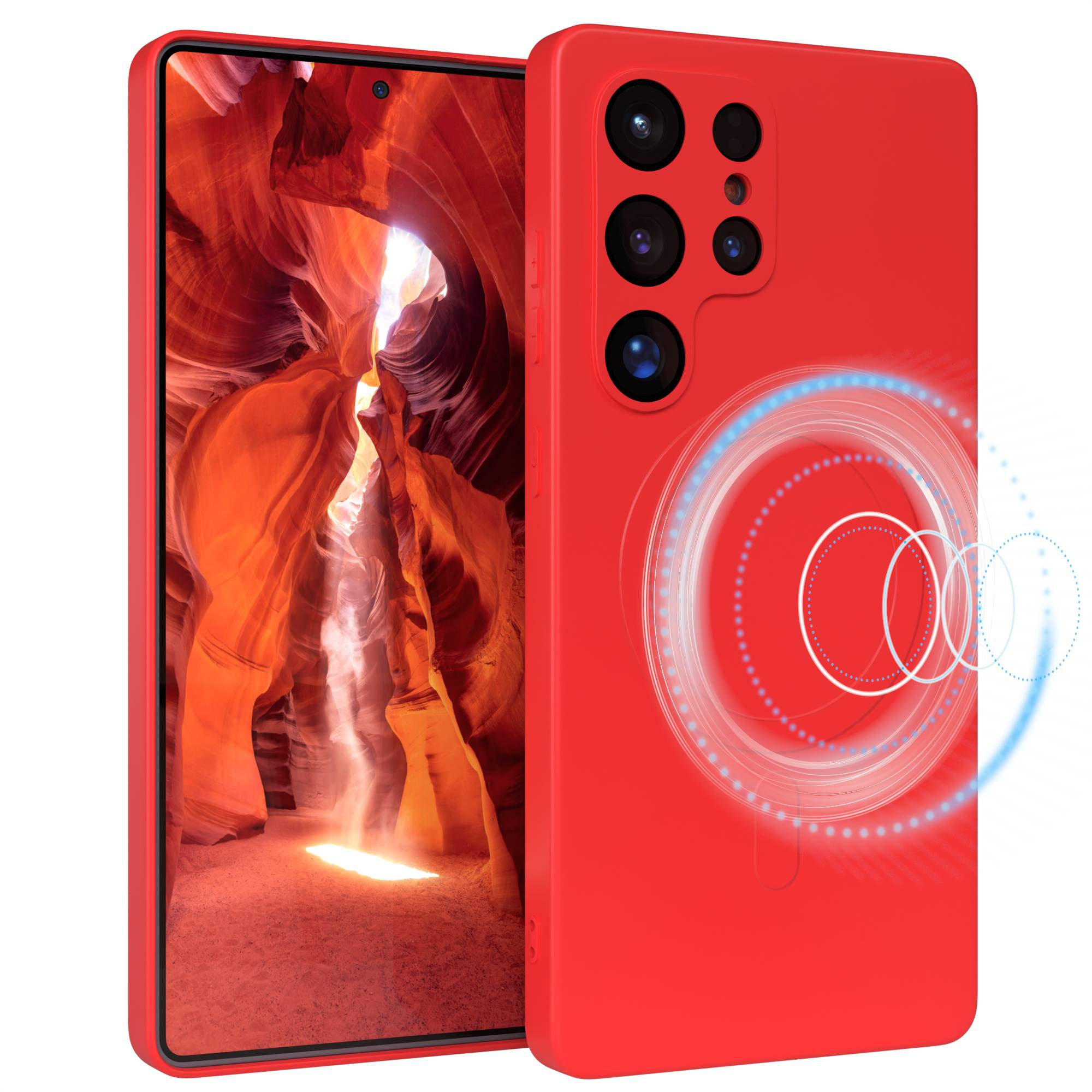 Rote Telefonhülle und Telefon. Das Telefon zeigt ein Canyon-Bild an. Die Hülle hat Kameraausschnitte und ein magnetisches Ladedesign.