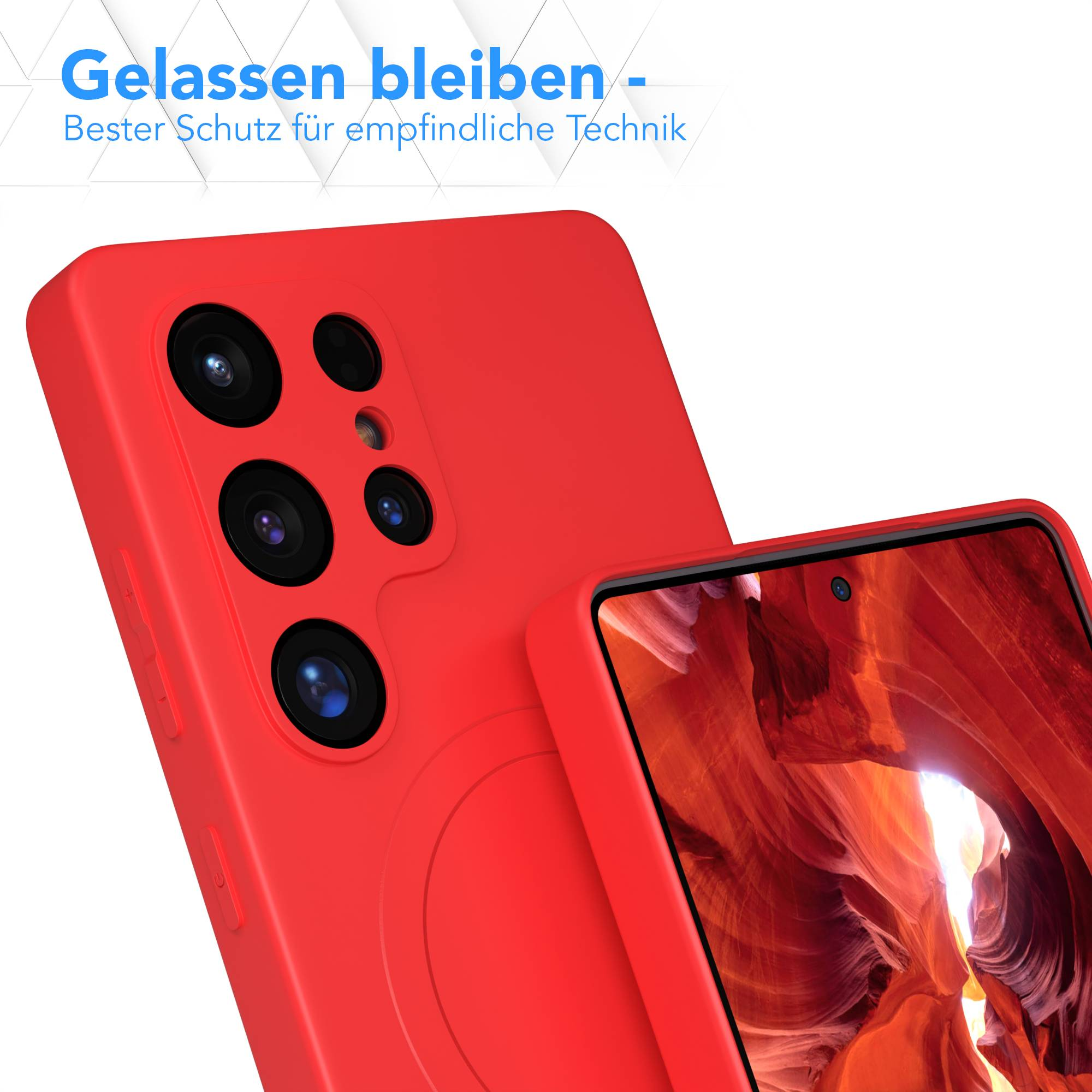Rote Handyhülle mit mehreren Kameralinsen. Text oben. Nahaufnahme der Hülle, Hintergrund ist ein Canyon.