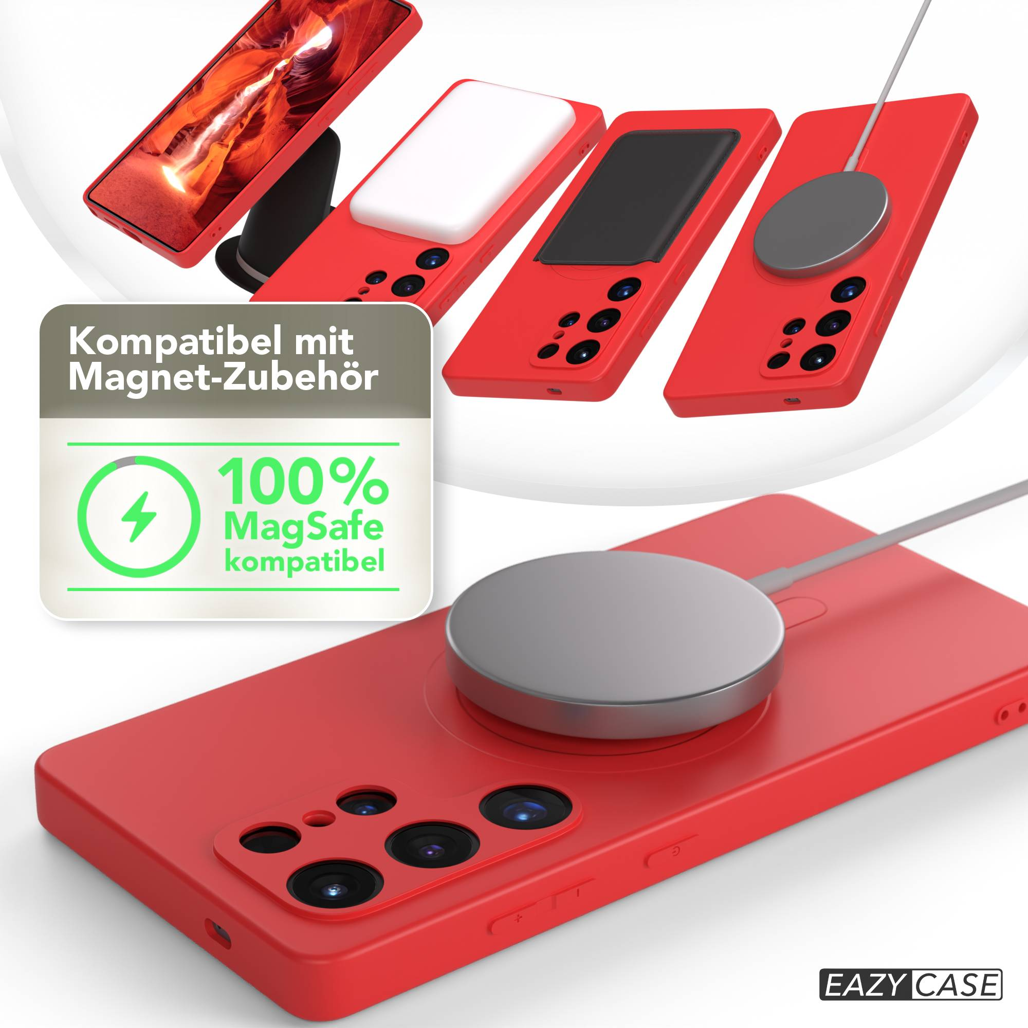Rote Handyhüllen mit mehreren Kameras und einem Ladepad. Eine Grafik zeigt MagSafe-Kompatibilität.