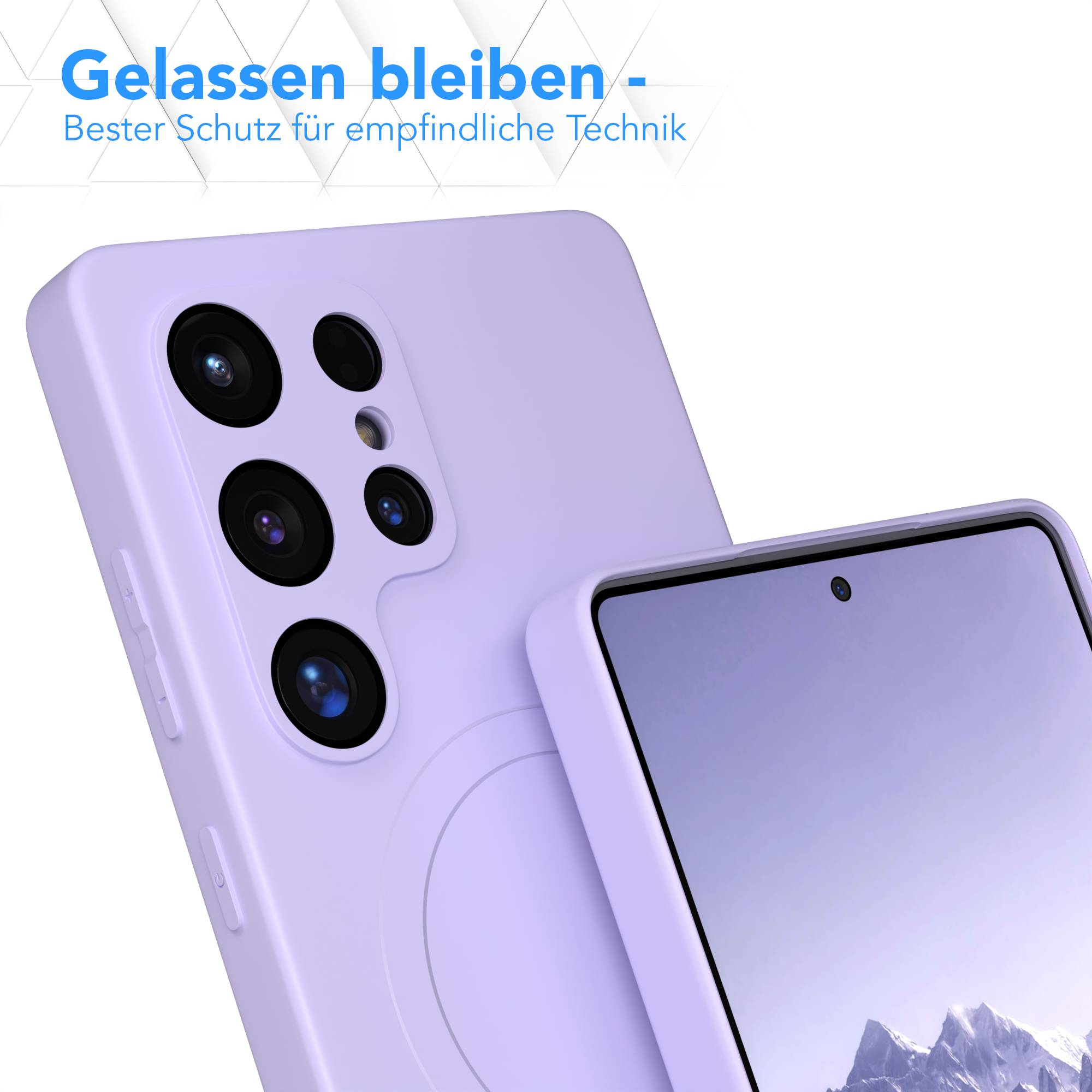 Eine hellviolette Handyhülle mit einem Telefon darin. Die Hülle hat mehrere Kameralöcher. Der Bildschirm des Telefons ist sichtbar.
