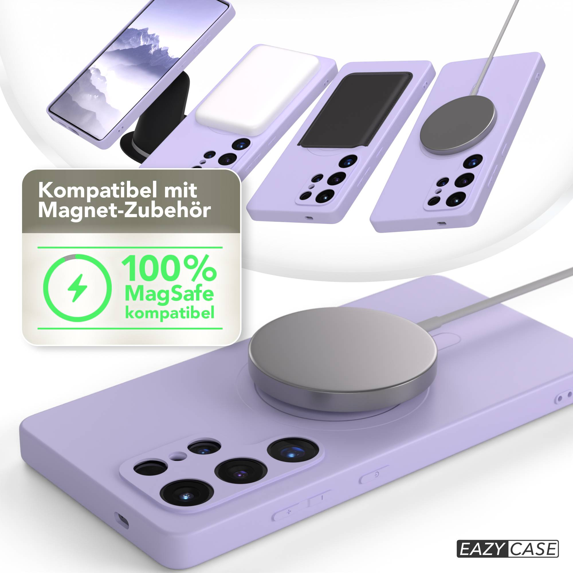 Das Bild zeigt mehrere Telefone in lavendelfarbenen Hüllen mit MagSafe-Zubehör. Ein Schild sagt: '100 % MagSafe-kompatibel.'