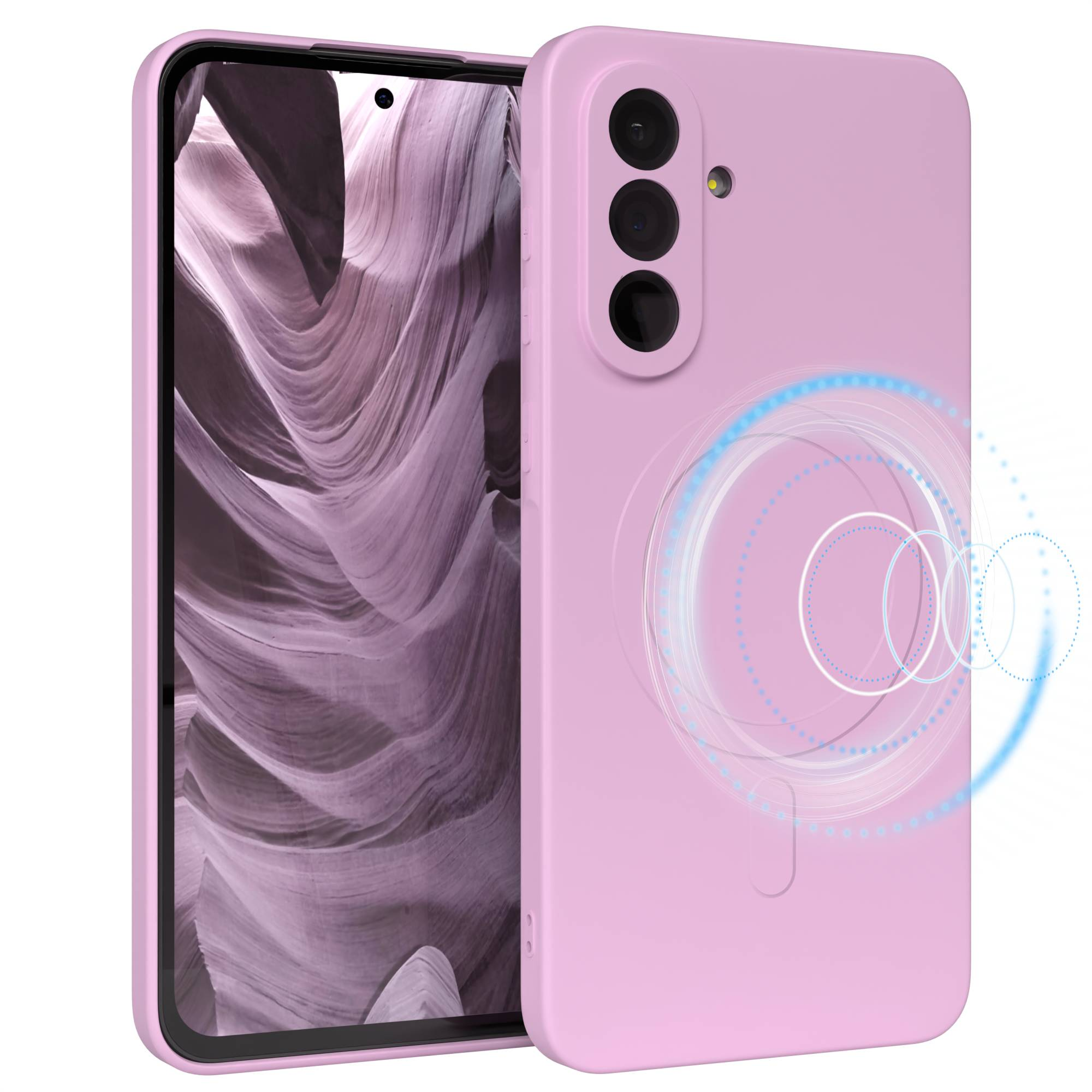 Eine rosa Handyhülle mit einem Handy, das einen Canyon zeigt. Die Hülle hat eine Kamera und ein Design.