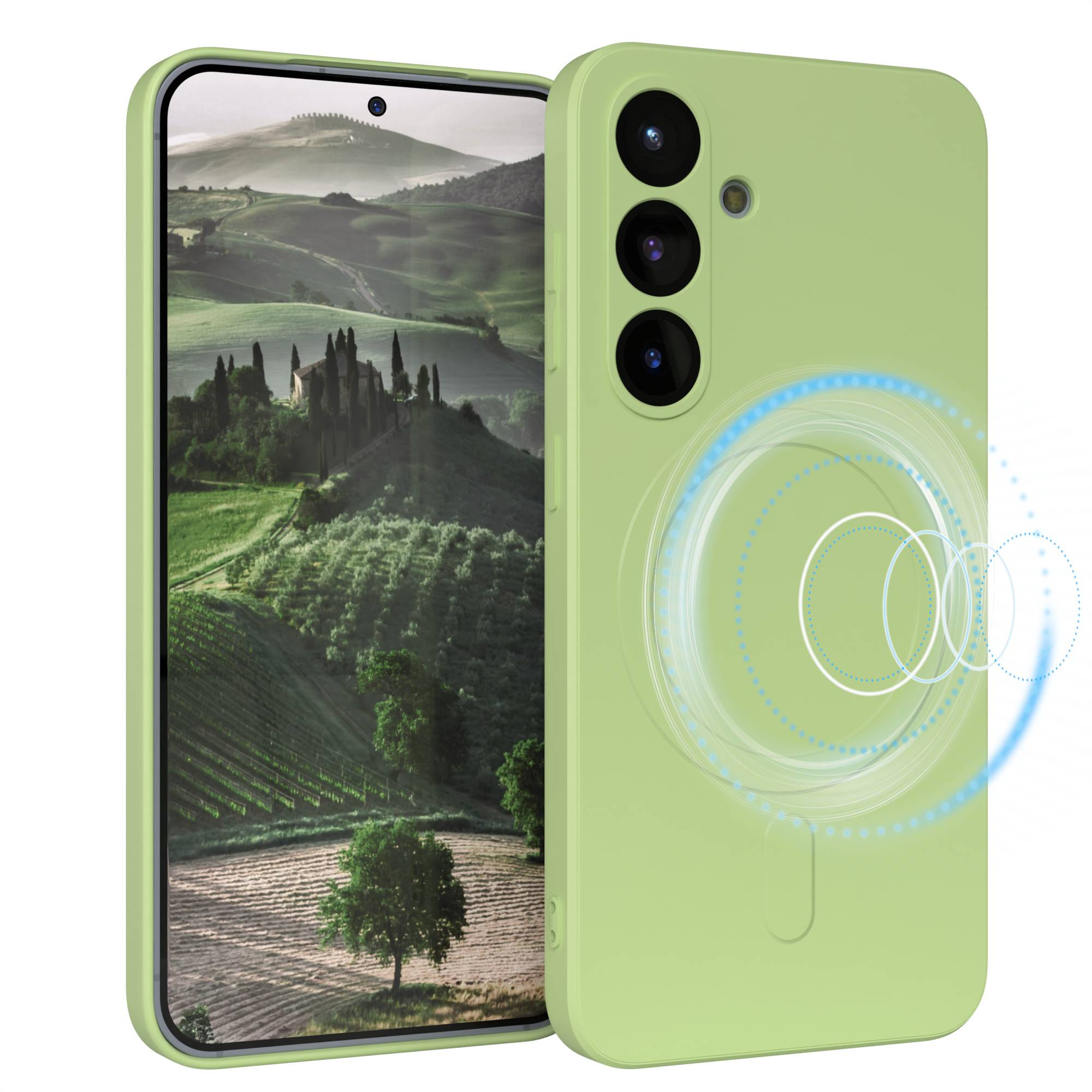Eine grüne Handyhülle mit einem Telefon, das eine Landschaft anzeigt. Die Hülle hat ein kreisförmiges Design und das Telefon hat drei Kameras.